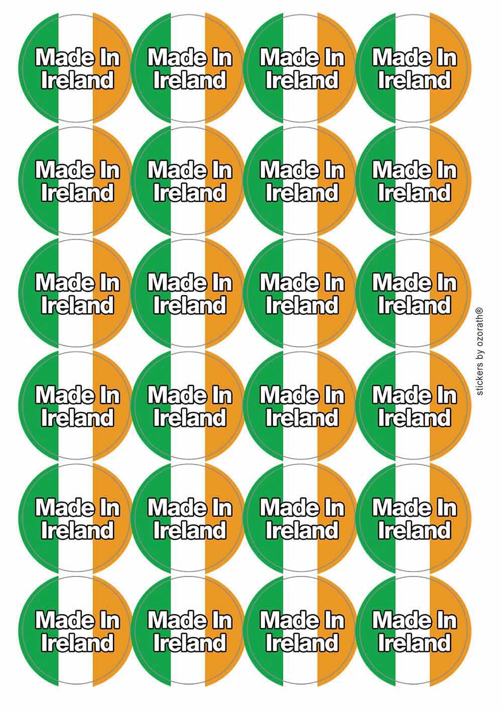 Made in Ireland Irish National Flag Circular Matt Paper Stickers A4 Sheet of 24 (Each Sticker is 45mm Diameter)