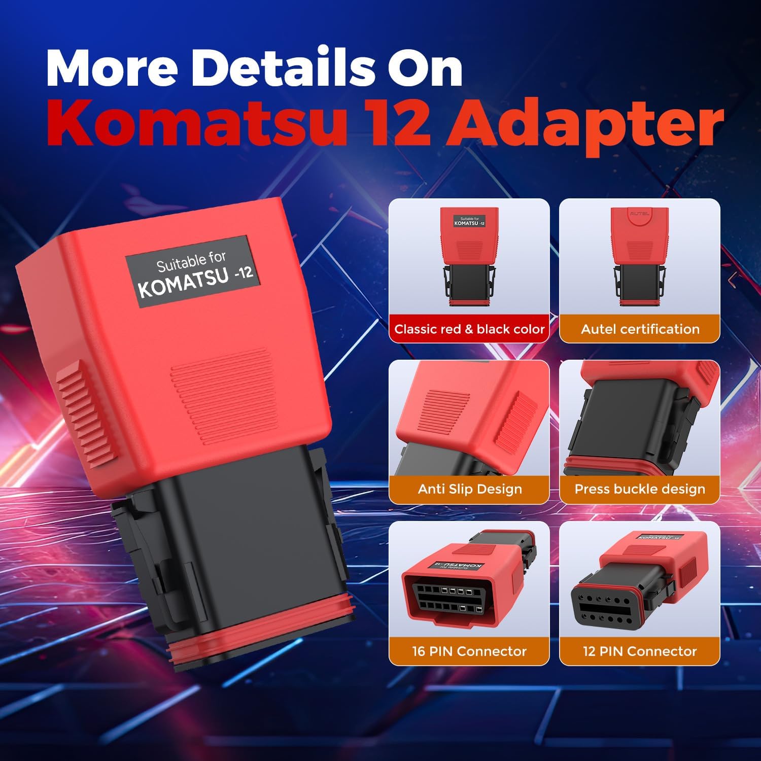 Autel Original MaxiSYS CV Komatsu 12-PIN Adapter, 12 Pins to OBD2 16 Pins
