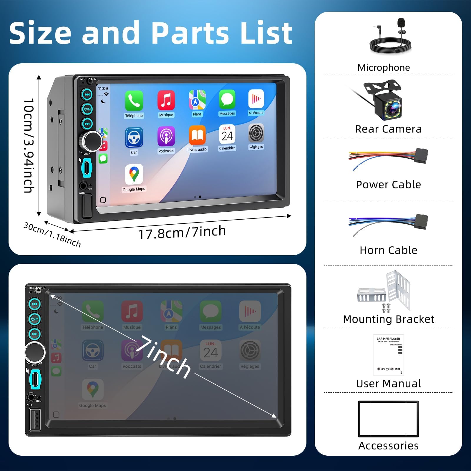 Autoradio 2 DIN Bluetooth avec CarPlay & Android Auto sans Fil, Double Din 7 Pouces HD Écran Tactile, FM Radio, Miroir Link, Caméra de Recul, EQ, Type-C, USB, SWC, Navigation GPS, Contrôle Vocal