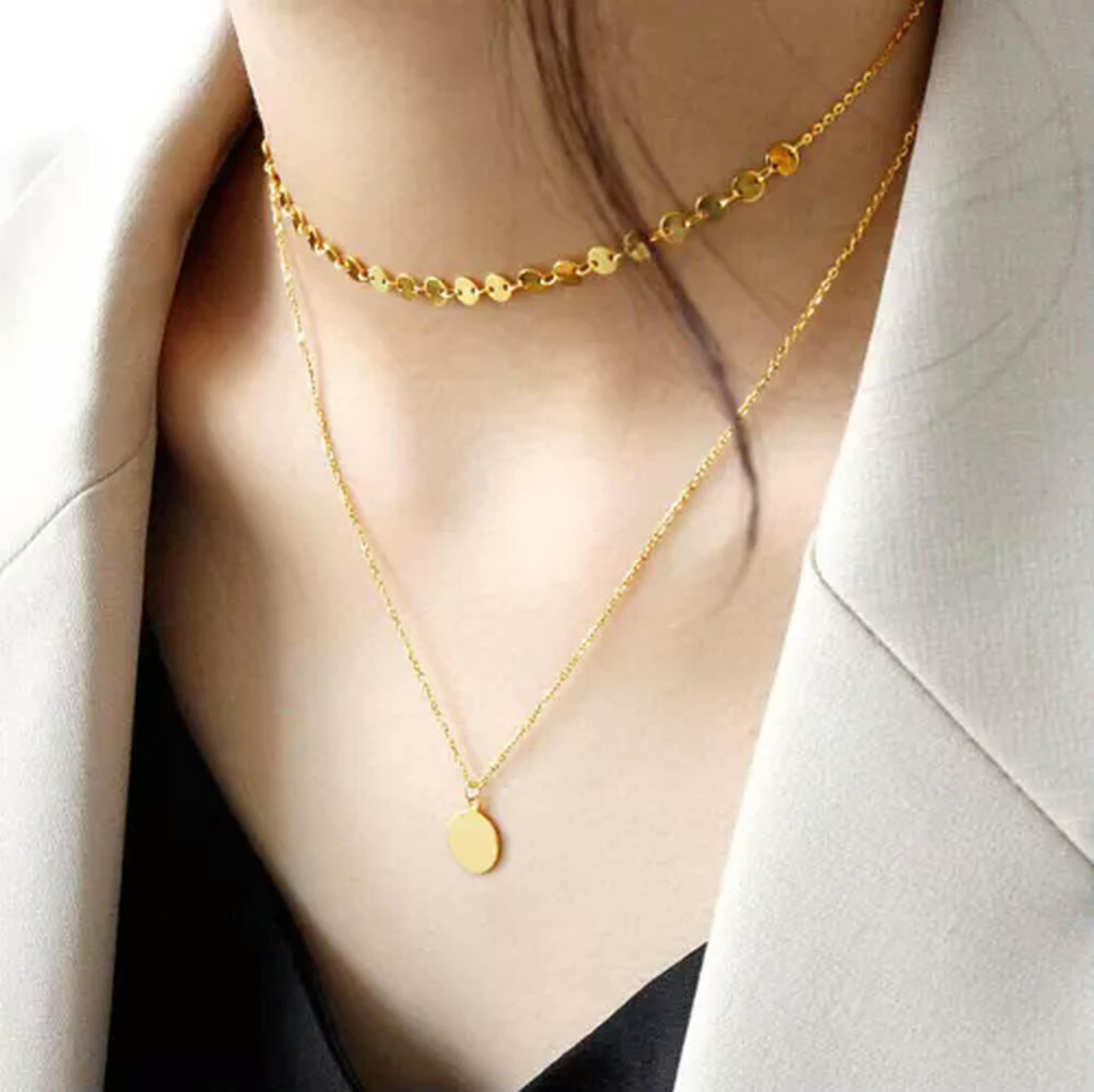 Collier Ras du Cou à 2 Couches en Argent Sterling 925 avec Disque Rond A2359-Gold
