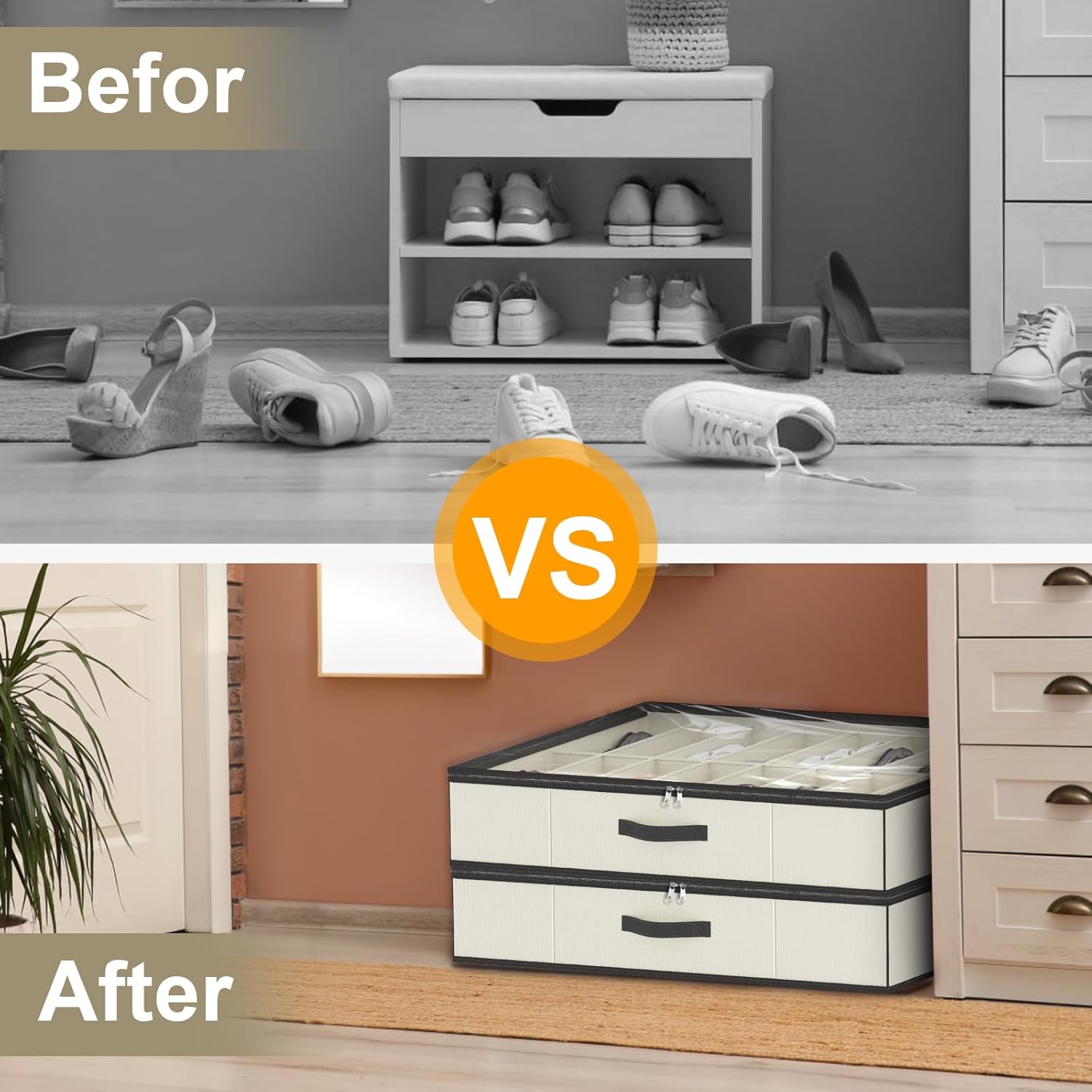 Before and after comparison showing a cluttered floor with shoes transformed into an organized space with homyfort shoe organizers.