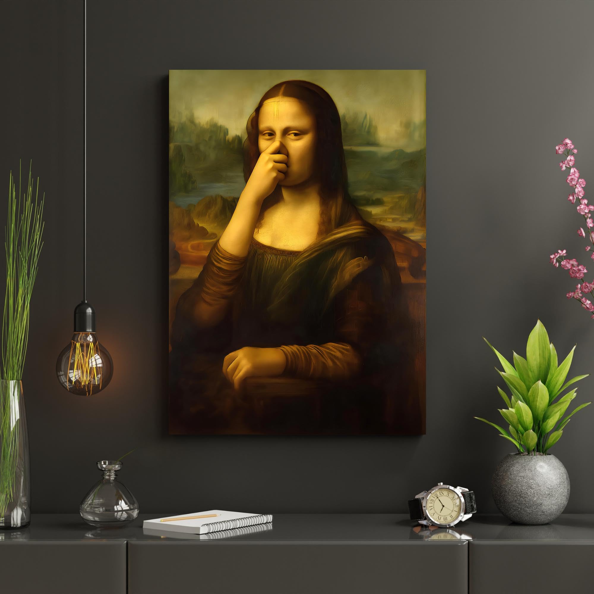 Mona Lisa z papierem toaletowym i gestem szczypania nosa. Zabawny plakat Mona Lisa do łazienki dla gości lub łazienki (70 x 125 cm (28 x 49 cali)