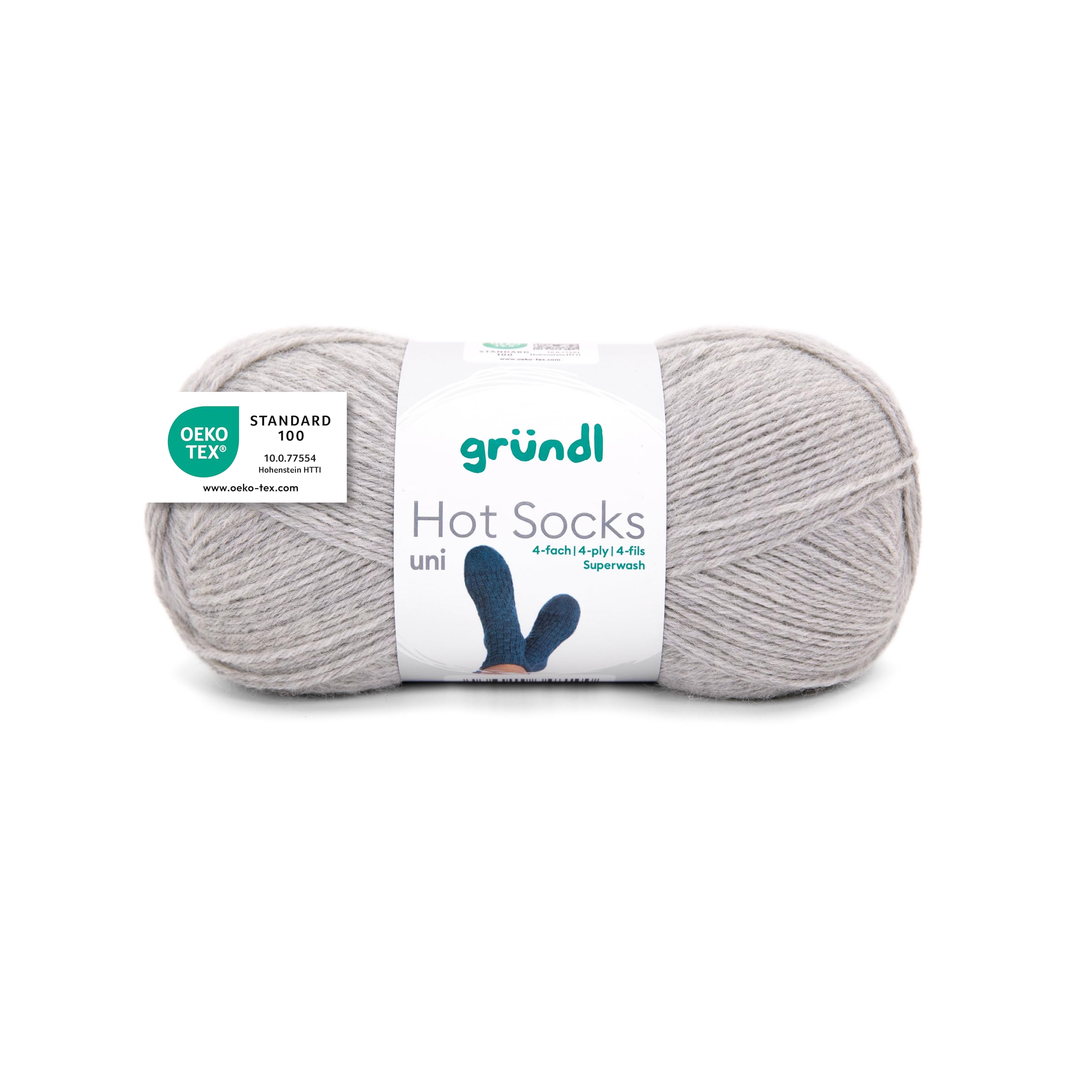 Gründl Wolle Hot Socks uni 100 4-fach - Sockenwolle für 1 Paar Socken - Sockengarn - Weich und hautfreundlich - 75% Schurwolle, 25% Polyamid - 1 Knäuel 100 g / 420 m - Nadelstärke 2,5-3 - kieselgrau
