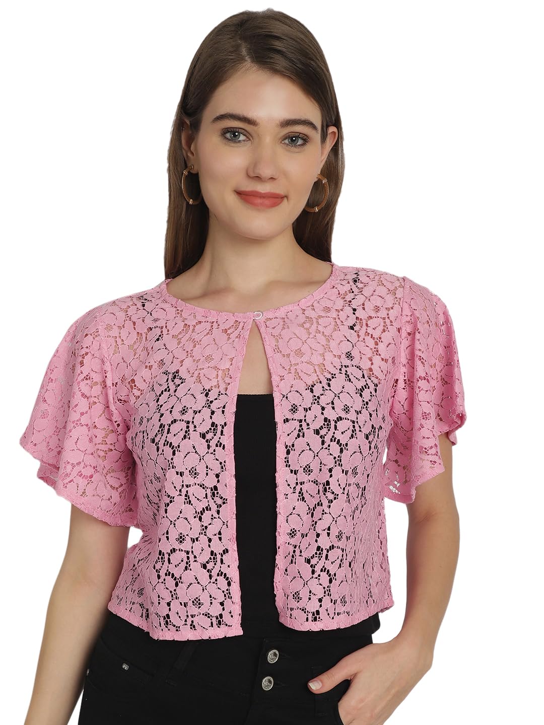 Women Front Open Self Designed Flared Sleeves Lace Shrug-picture-45
