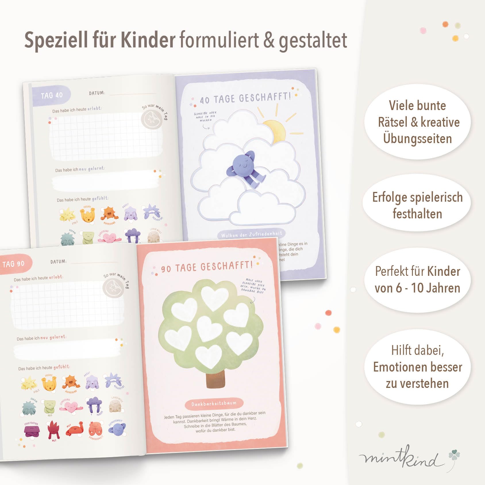 mintkind® Gefühlstagebuch Kinder 6–10 Jahre, pädagogisch entwickelt, 100 Tage Gefühle verstehen & Dankbarkeit, zum Ankreuzen & Ausfüllen, inkl. 160 Sticker, A5, 146 Seiten, Rätsel & Übungen