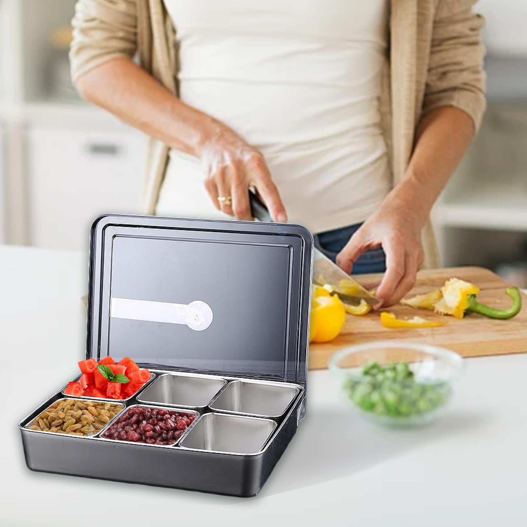 Juego de dispensador de especias de alta calidad, caja de condimentos de 6 compartimentos con tapa y cucharas, ideal para cocina, cafetería y hotel, duradero, elegante, fácil acceso y solución de