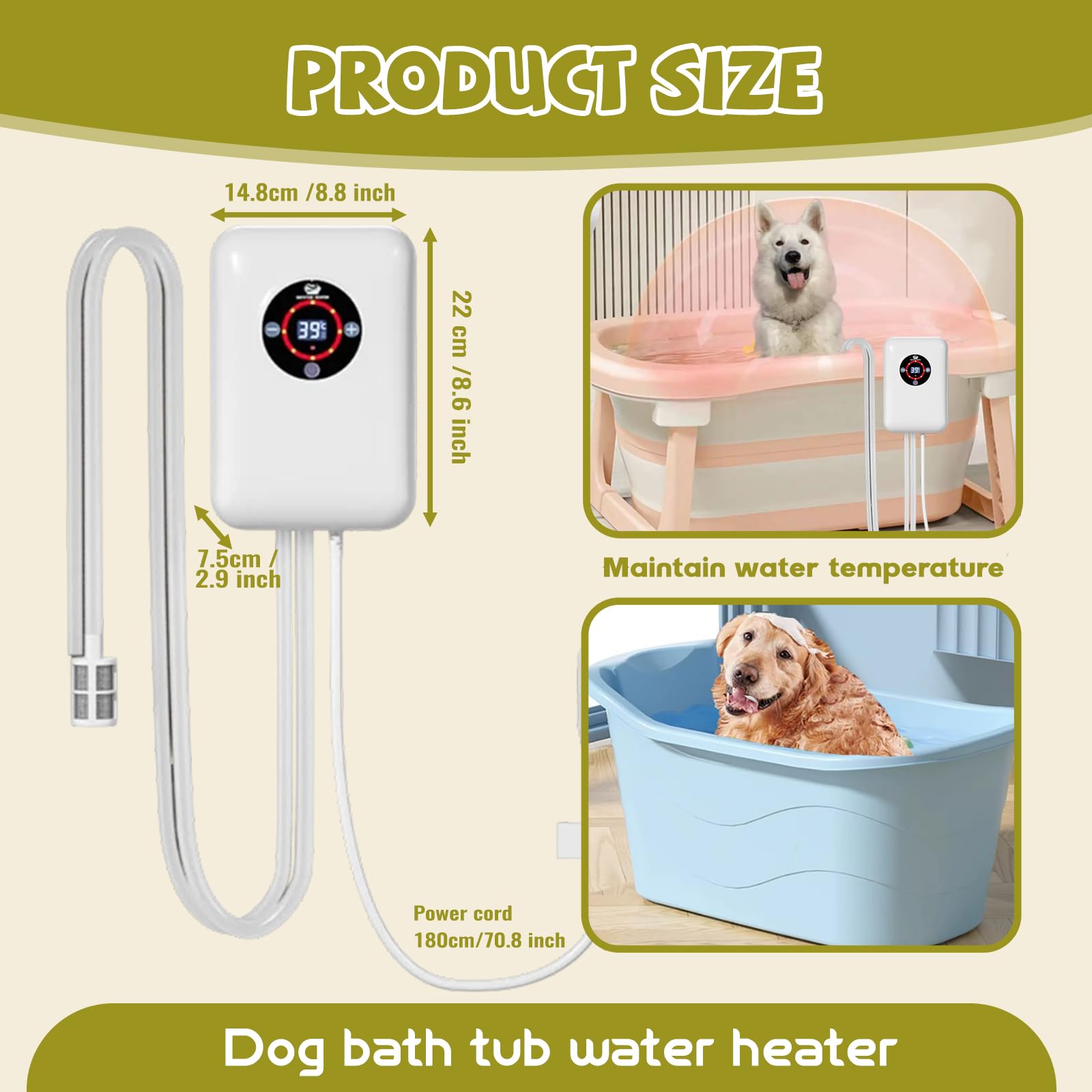 Elektrischer Durchlauferhitzer, Poolheizung Elektrisch, Temperatur Halten 16-43℃, Für Kleine Und Mittelgroße Haustiere Planschbecken HundWhite,8.6 * 5.8 * 2.9 inch