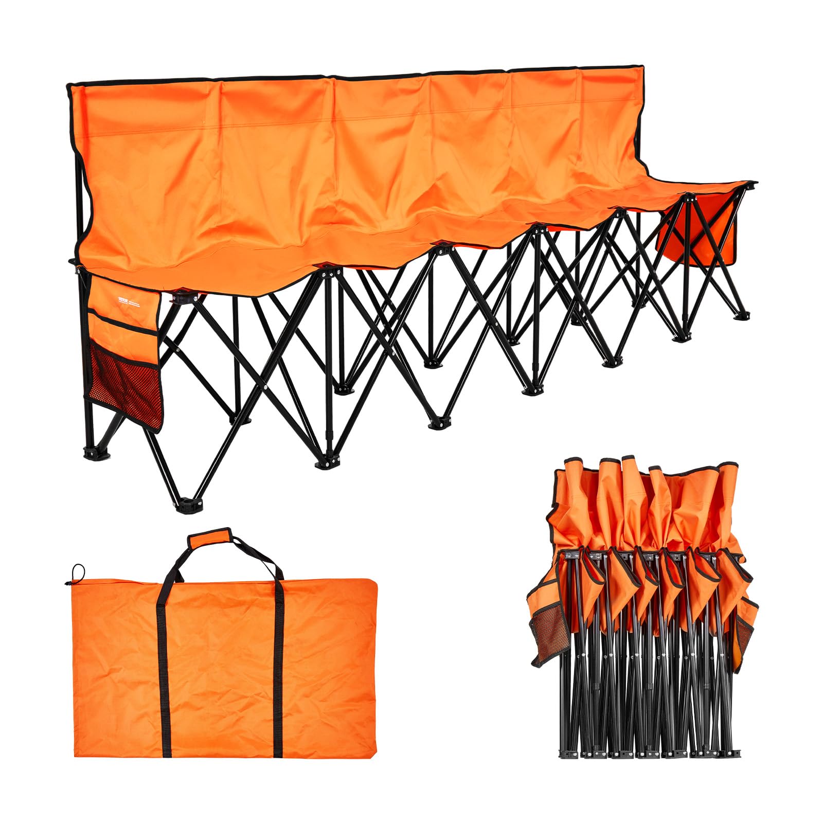 VEVOR Panca da Campeggio Pieghevole Portatile, per 6 Persone con Tasche Laterali, Borsa per il Trasporto, Panca Pieghevole con Schienale per Attività Sportive all'Aperto Calcio, Baseball, Arancione