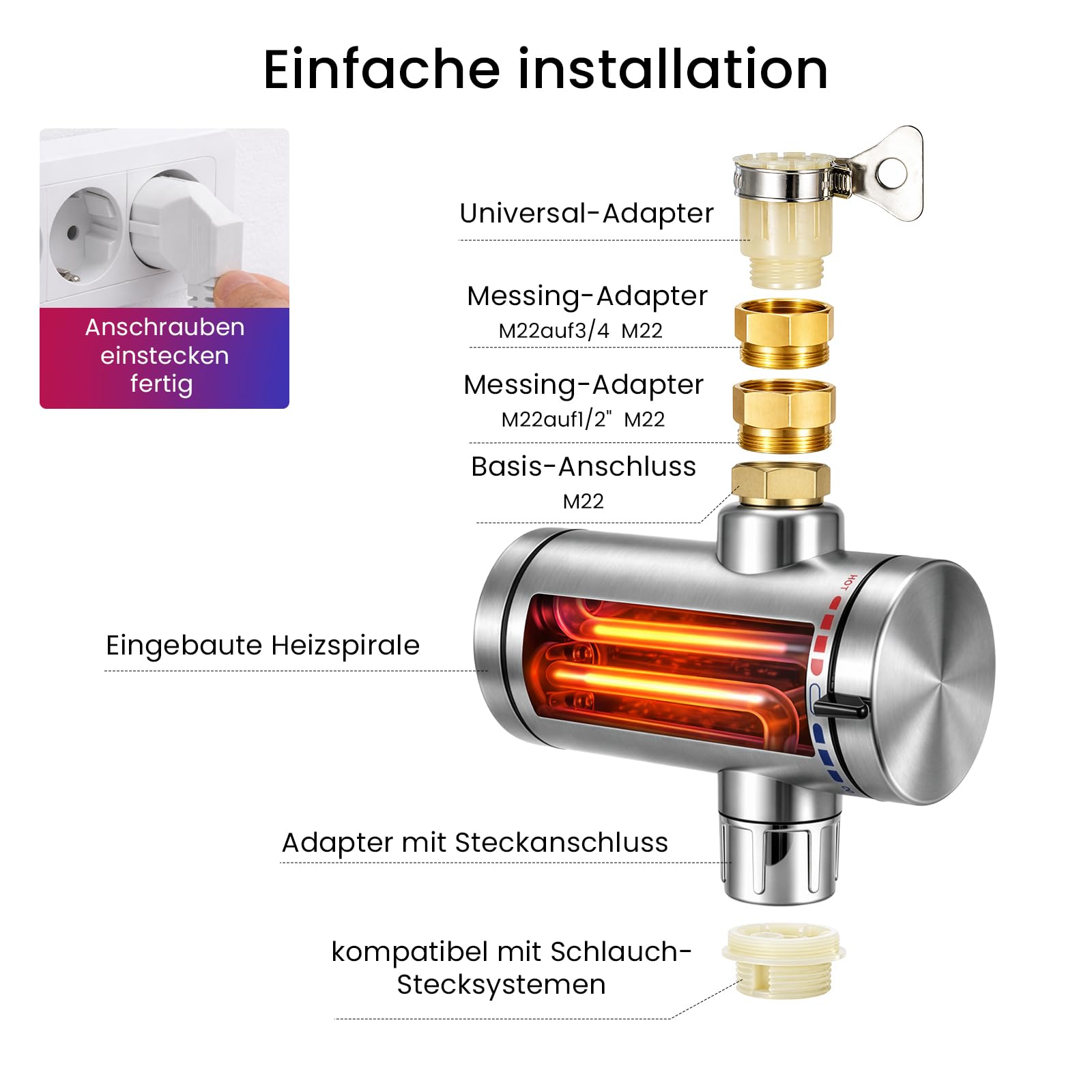 Elektrischer Universal Durchlauferhitzer – Kompakt Sofort Warmes Wasser Im Außenbereich Wasserhahn Für Draußen Garten, Garage, Outdoor Dusche, Werkstatt, Camping Dusche Etc. | 220–240 V