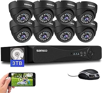 SANSCO 8 Channel 5MP CCTV Camera System + 3TB Hard Drive, (8) 3K In/Outdoor Dome Cameras (Wall/Ceiling Mounted IP66 Vandalproof, Mobile Viewing with Motion Activated Push Alert/Email, 24/7 Recording)