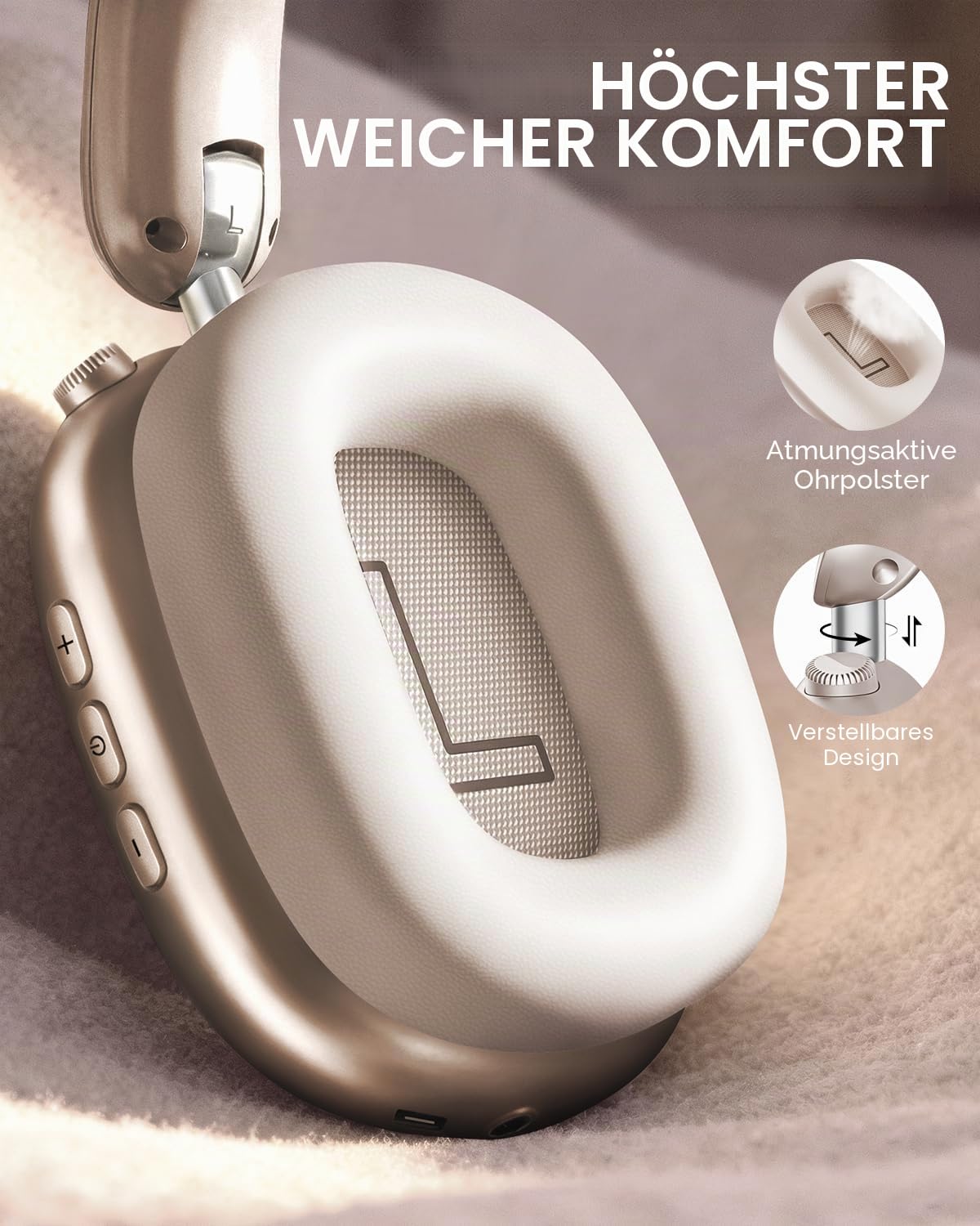 Wentronic Y02 Aktive Noise Cancelling Kopfhörer,60 Std.5 EQ-Musikmodi,Hi-Res-Audio,Tiefe Bässe,faltbares kabelloses Over-Ear-Bluetooth 5.4-Headset,atmungsaktive Leder-Ohrpolster (Sternenlicht)