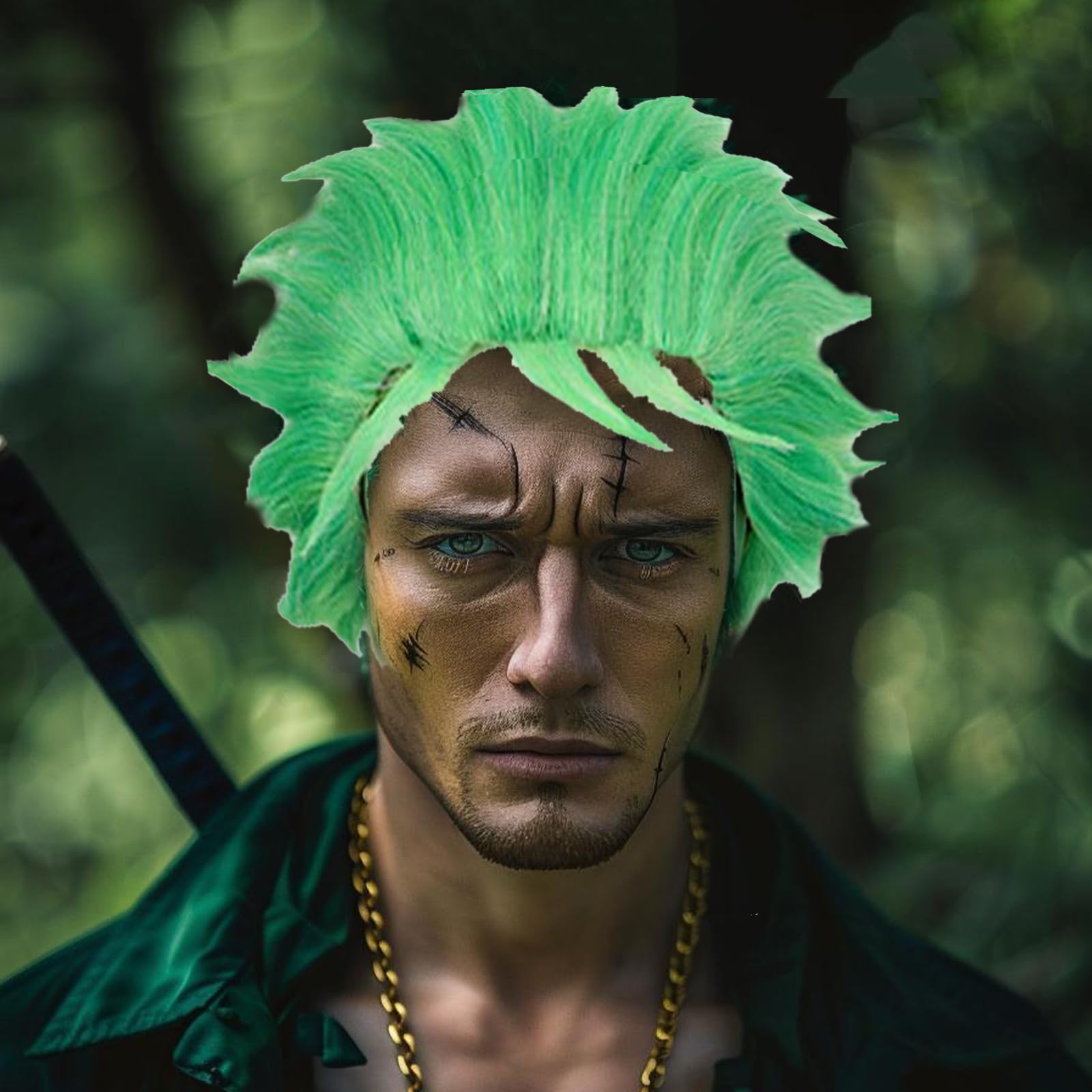 Parrucca Verde Zoro Cosplay, Zoro One Piece Parrucca Cosplay Party, One Piece Zoro Anime Gioco di Ruolo Halloween Cosplay Parrucche Costume