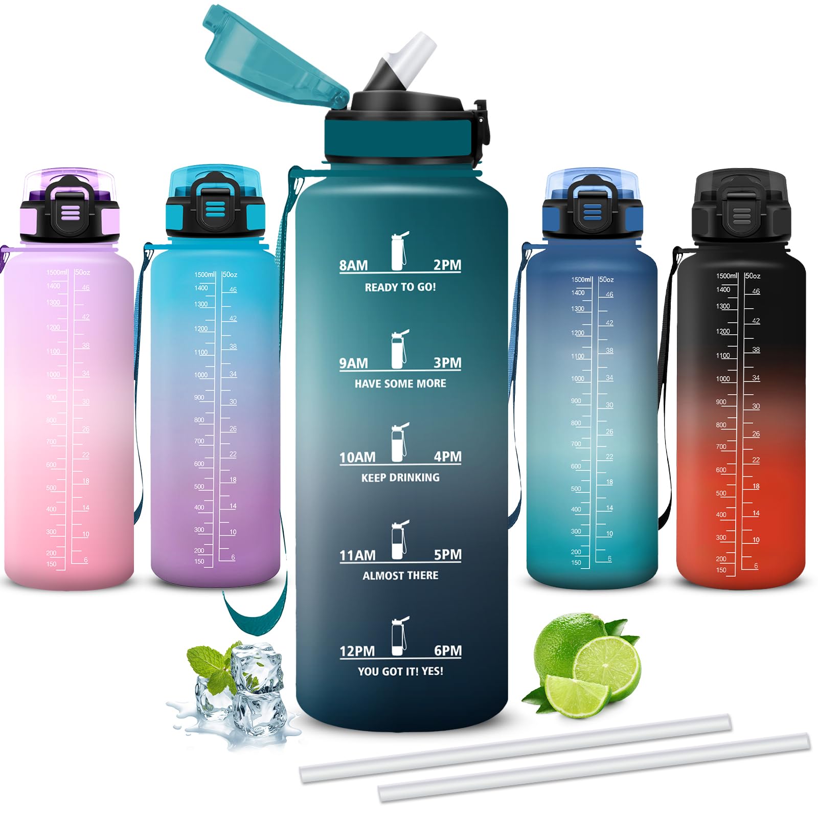 Mujigaga 1.5L Water Bottle with Straw Leakless Motivational Water Bottles Easy Clean Motivational Slogan for Fitness, Camping, Yoga, Climbing, Tennis