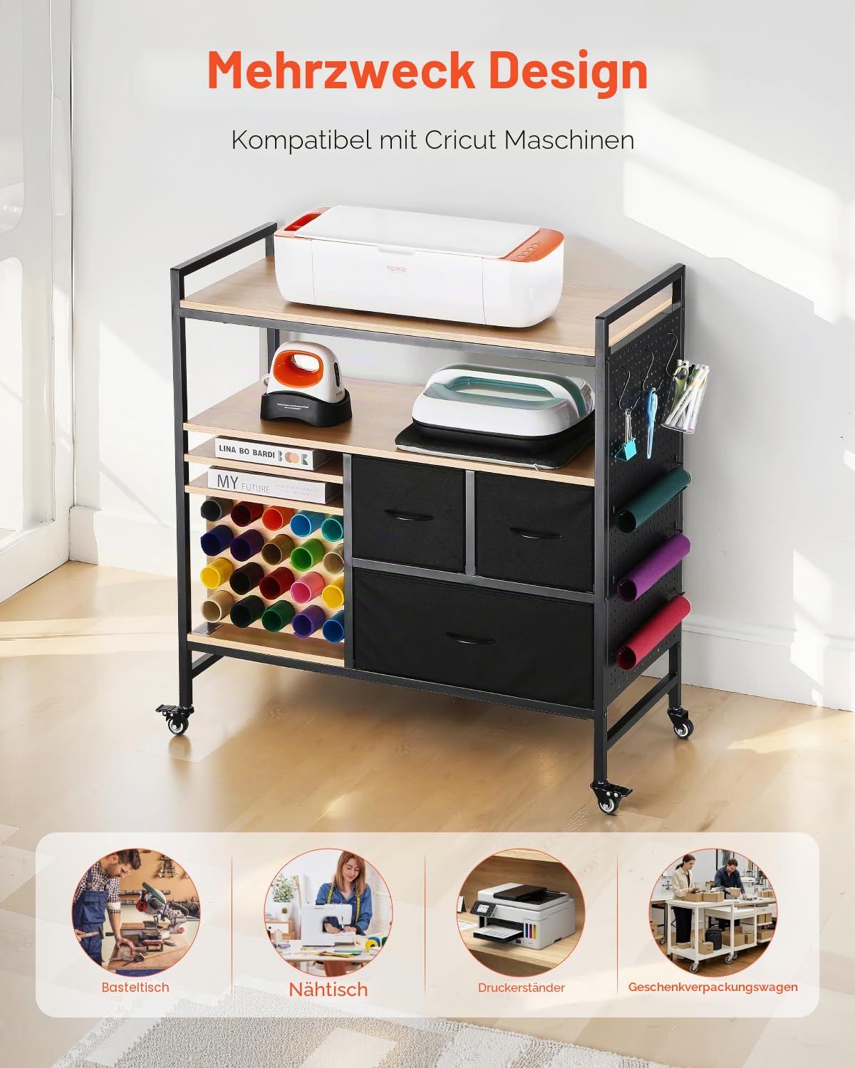 VEVOR Bastelwagen Servierwagen mit Tischplatte, kompatibel mit Cricut-Maschinen, rollender Bastel-Aufbewahrungswagen mit 20 Vinylrollen-Halterungen & 3 Schubladen, Bastel-Organizer Schwarz