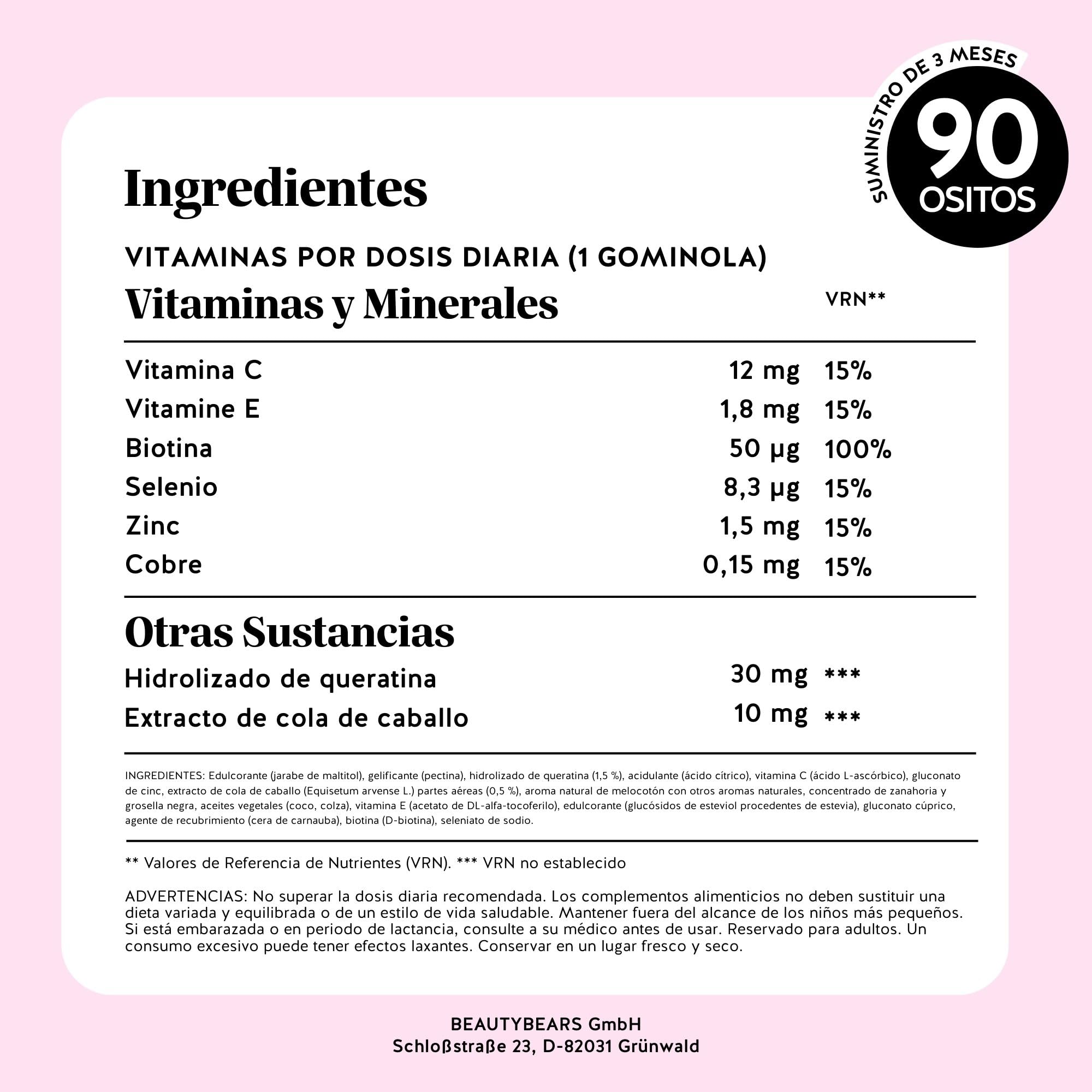 You Nailed It Nail & Hair Vitamin – Gominolas con 30 mg de queratina – con vitaminas C, E, biotina, zinc, selenio y cobre – 90 unidades (para 3 meses) – Sin azúcar, vegetarianas – Bears with Benefits