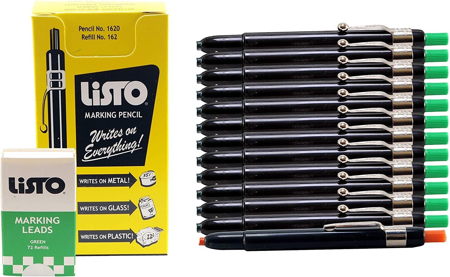 Listo 1620 and 162 Marking Pencils Kit, Color: Green, 12 Pencils, 72 Refill Leads - Grease Pencils/China Marking Pencils/Wax Pencils. 1 x Orange Pencil Included. (12-Pencils, 72-Refills, Green)