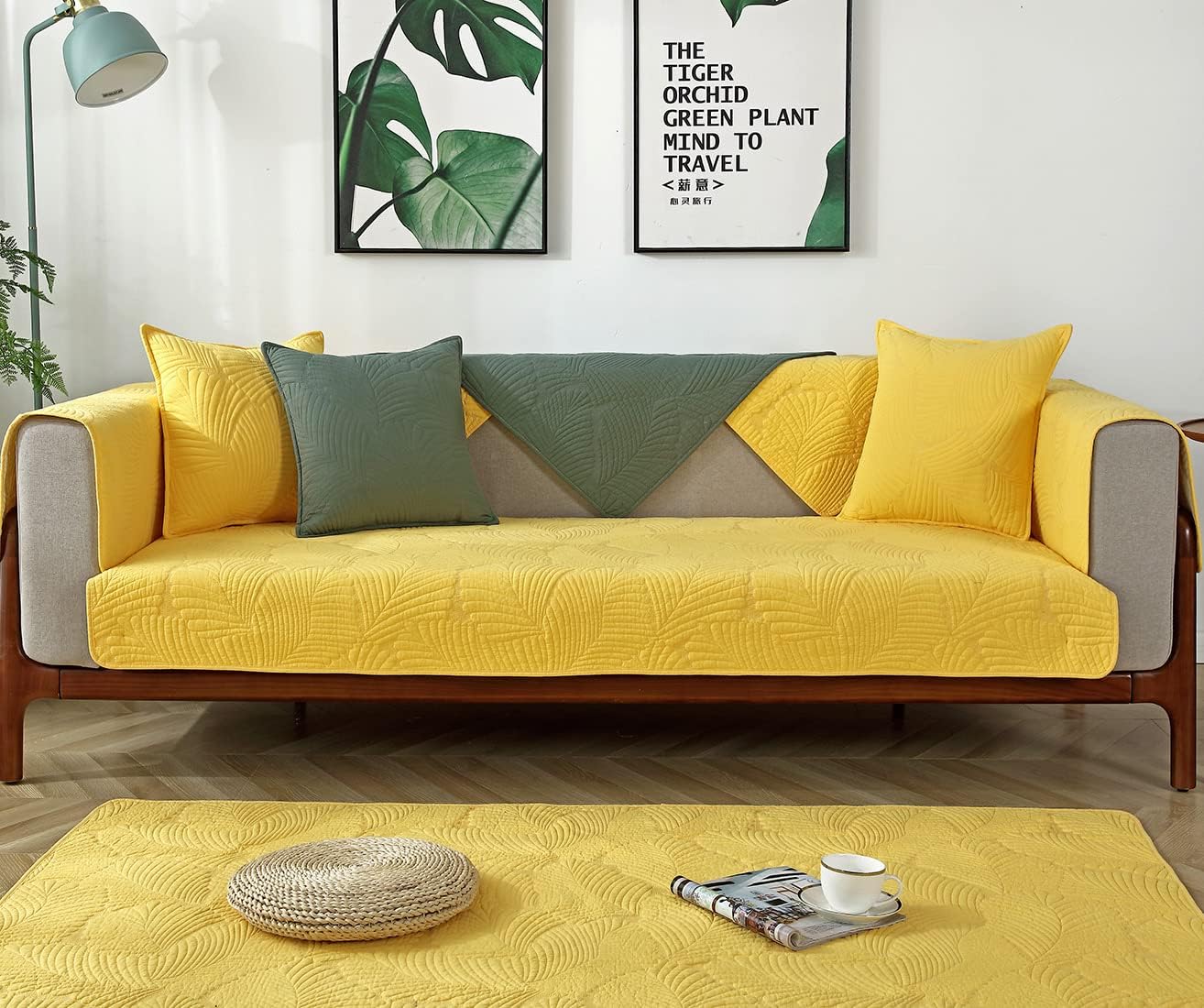 Solid Color Leaf Cotton Quilted Sofa Covers Anti-Slip Soft Sectional Couch Cover Washable Sofa Slipcover for Dogs Cats Pet (Yellow,28''x59'')