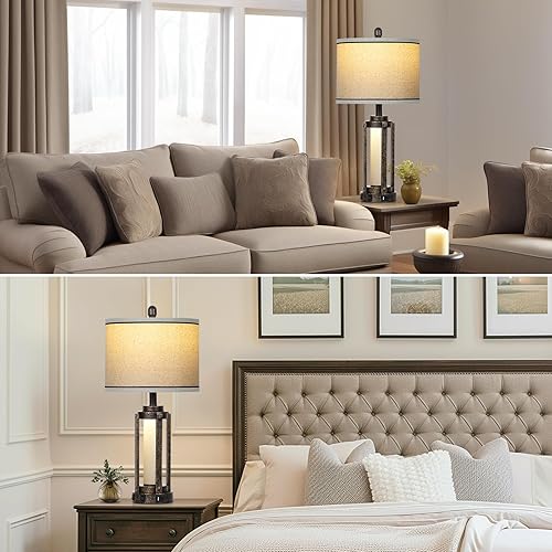 Miniatura 8 de Farmhouse Industrial Lamp with USB A+C Charging Ports & AC Outlet, 26" Vintage Rustic Retro Table Lamp with Glass LED Night Light & Linen Fabric