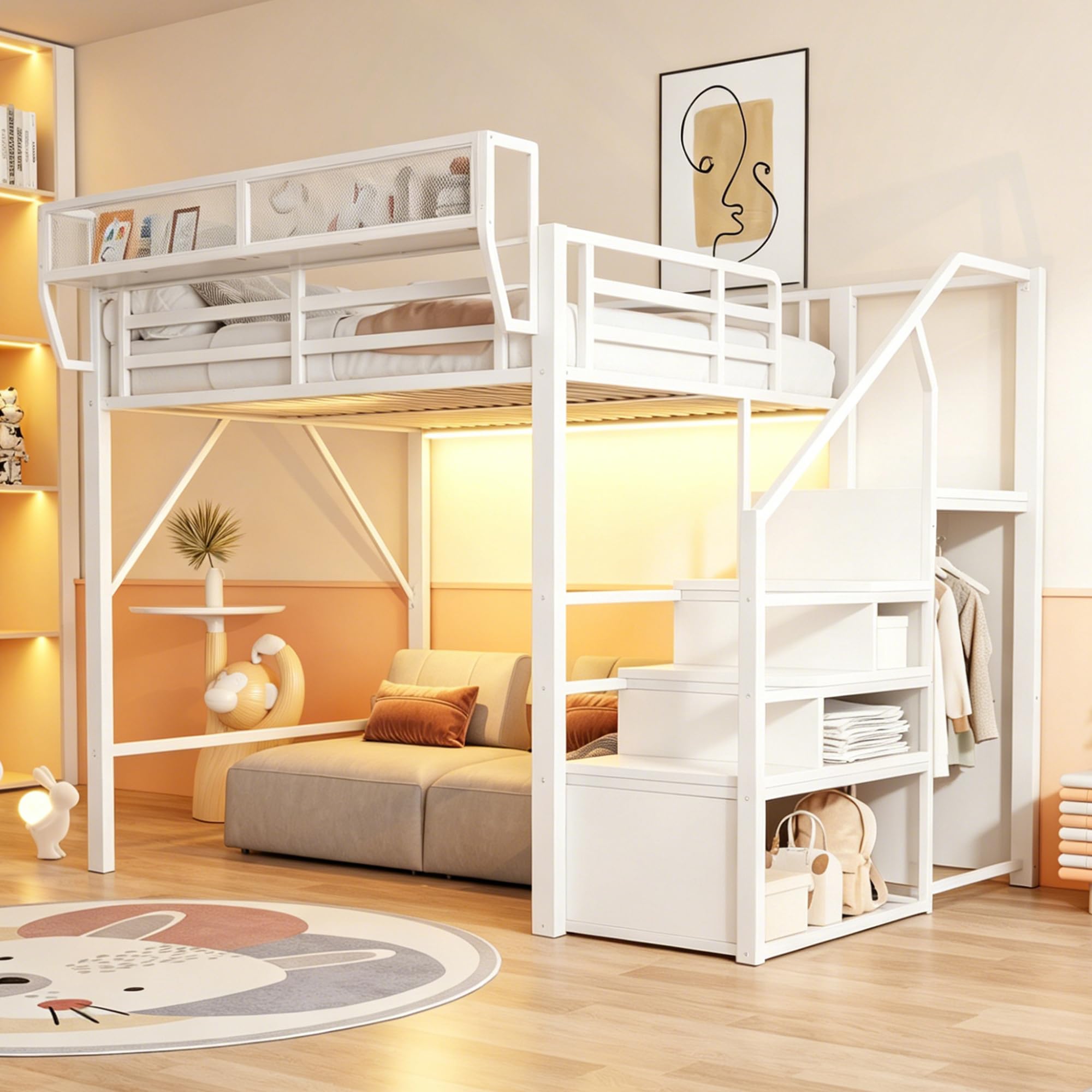 Moimhear Cama alta de hierro, con escalera de seguridad y espacio de almacenamiento flexible, cama de metal, cama para adultos (blanco, 140 x 200 cm)