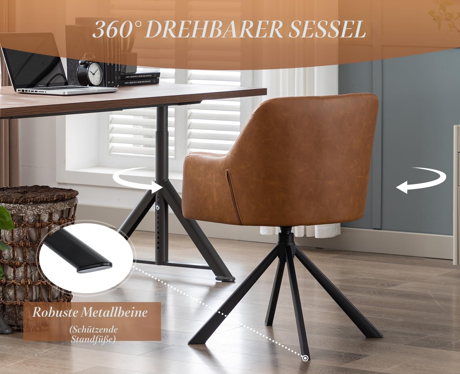 chairus Schreibtischstuhl PU Leder Bürostuhl 360° Drehbar Schreibtischstuhl Sessel für Arbeitszimmer Drehstuhl ohne Rollen (Braun(Metallbeine)) | PU-Leder, feste Höhe, 360° drehbar, bequeme Rückenlehne, mit Armen, stabile Metallbeine, für Bürozimmer, Arbe