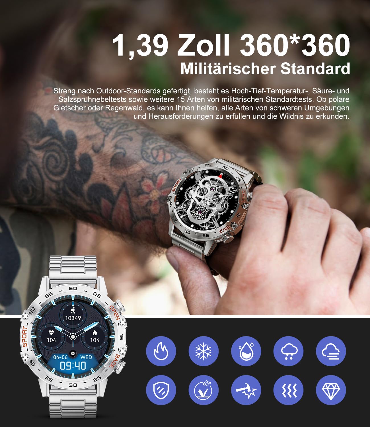 LIGE męski smartwatch smartwatch 1,39'' do połączenia Bluetooth Android iOS Krokomierz Sport Cardiofrequence, inteligentny zegarek 111 wodoodpornych trybów sportowych IP68 podłączony stoper
