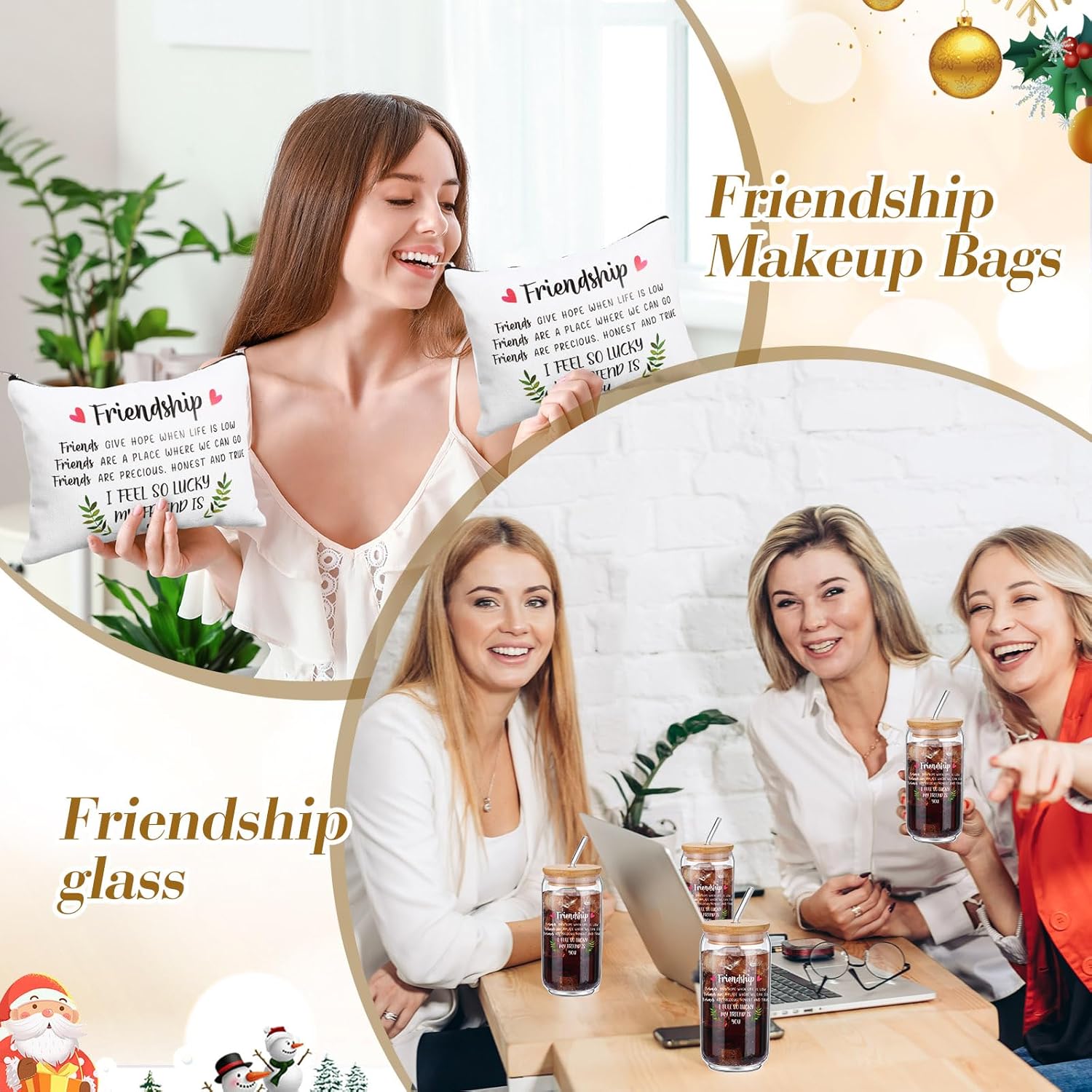 Friendship Gifts for Women 4 Set, Including 16 oz Glass Cups, Friends Makeup Bags and Keychains, Christmas Birthday Gifts for Coworker Sister Roommate(Classic) - Image 2