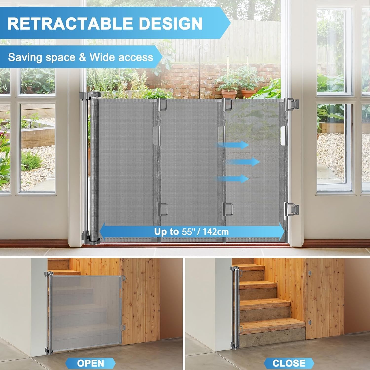 55 inch retractable baby gate for stairs retractable dog gates for doorways outdoor baby gates for decks indoor dog gates for the house extra wide pet gate stair gates for kids or pets deck gate gray gray (33" tall x 55" wide)