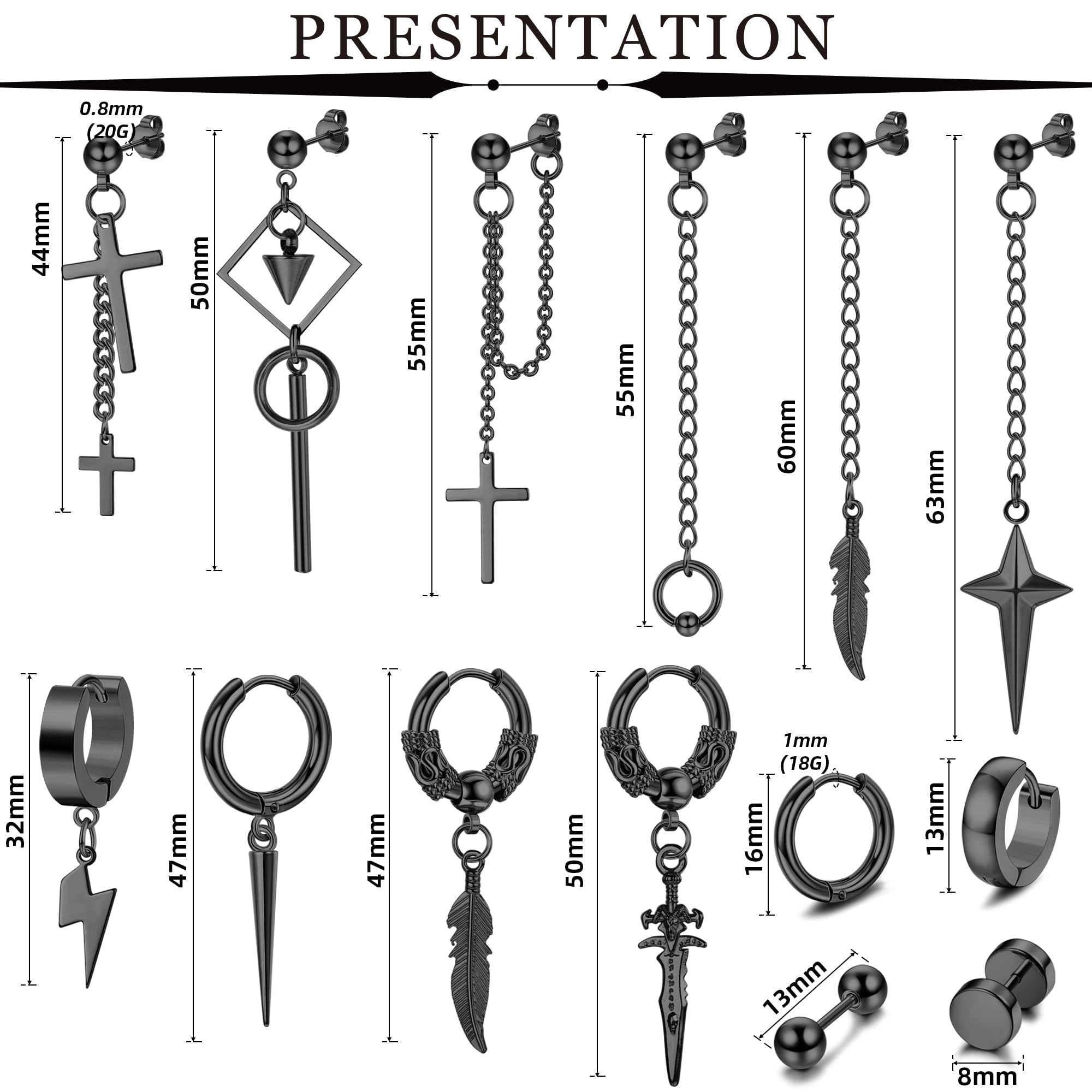 Dochais 12-22 Stück Damen Punk Ohrringe Set, Vintage Gothic Ohrstecker, Punk Kette Schwarz Knorpel Helix Ohrstecker, Spikes Rock Ohrringe für Club Halloween Party Männer Frauen