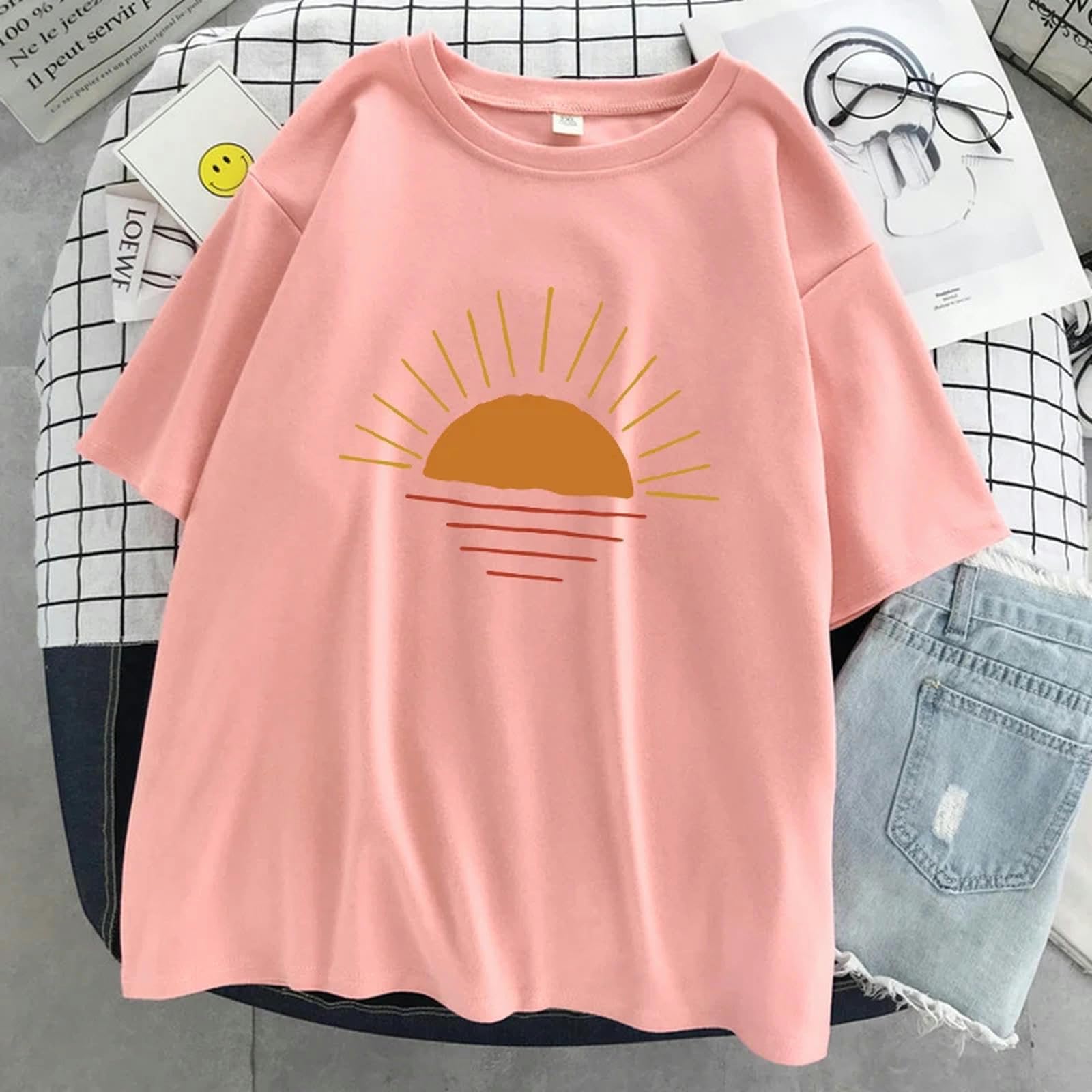 T-Shirt Shoreline T - Shirt Imprimé Femmes Street Cotton Kawaii Manches Courtes Oversize Top Loose Sport T - Shirt-Bleu Foncé-Le XXL