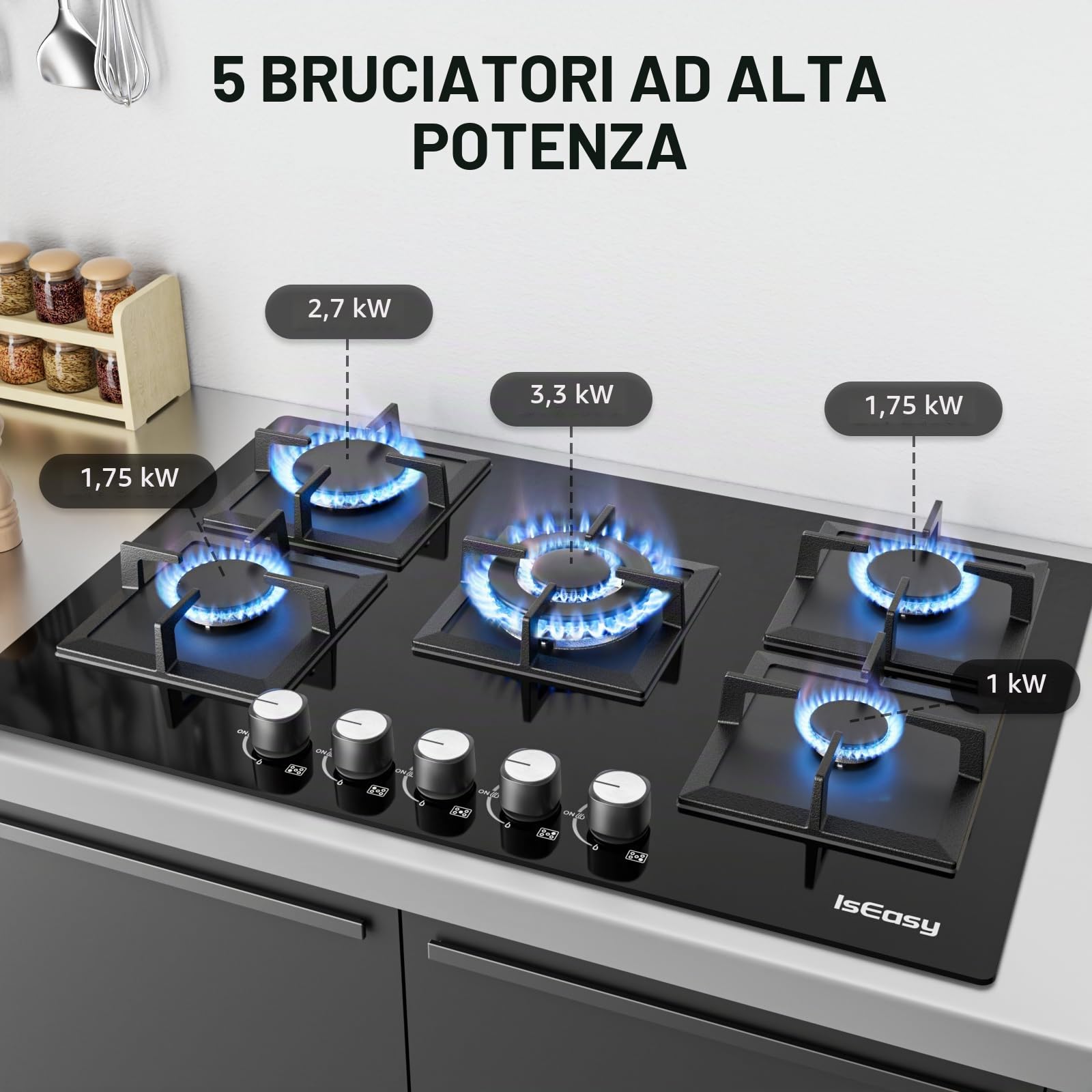IsEasy Piano cottura a gas 5 fuochi, da Incasso 73cm*48cm, 10500W, Protezione Flame-Out, Gas Naturale/Propano/Butano