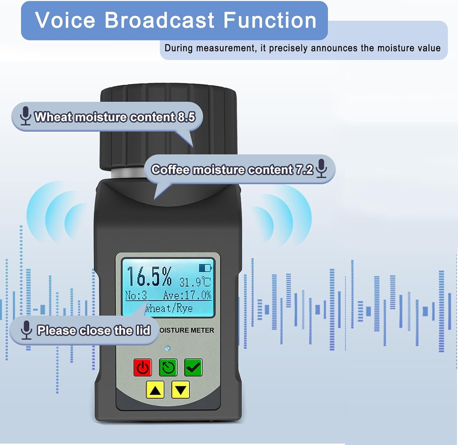 Grain Moisture Tester, High Precision Moisture & Temp Display for 25 Grains Including Wheat, Corn, Coffee | Portable | Voice Broadcast | Backlit LCD Screen | Fast Testing | Auto Temperature Compensation | Stored Grain Inspection