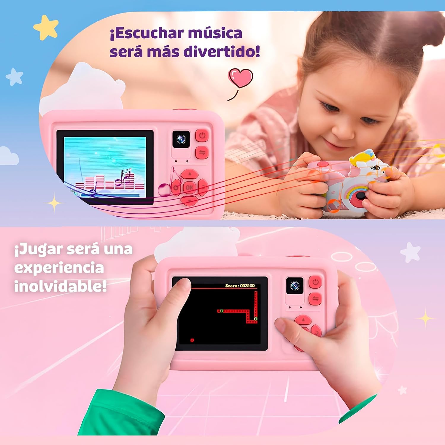Cámara Fotos Infantil Unicornio Rosa para Niña 3 4 5 6 7 8 9 10 Años, 2" 1080P con 32GB y Trípode, Juguetes Regalo Niña Cumpleaños Navidad, Selfie MP3 Juegos Educativos