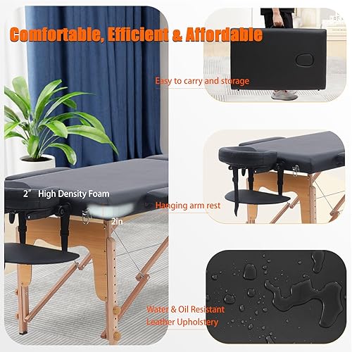 Miniatura 4 de Cama de masaje portátil con estirador de cuello, mesa de masaje plegable de 84 pulgadas para extensiones de pestañas y tatuajes de belleza (negro)