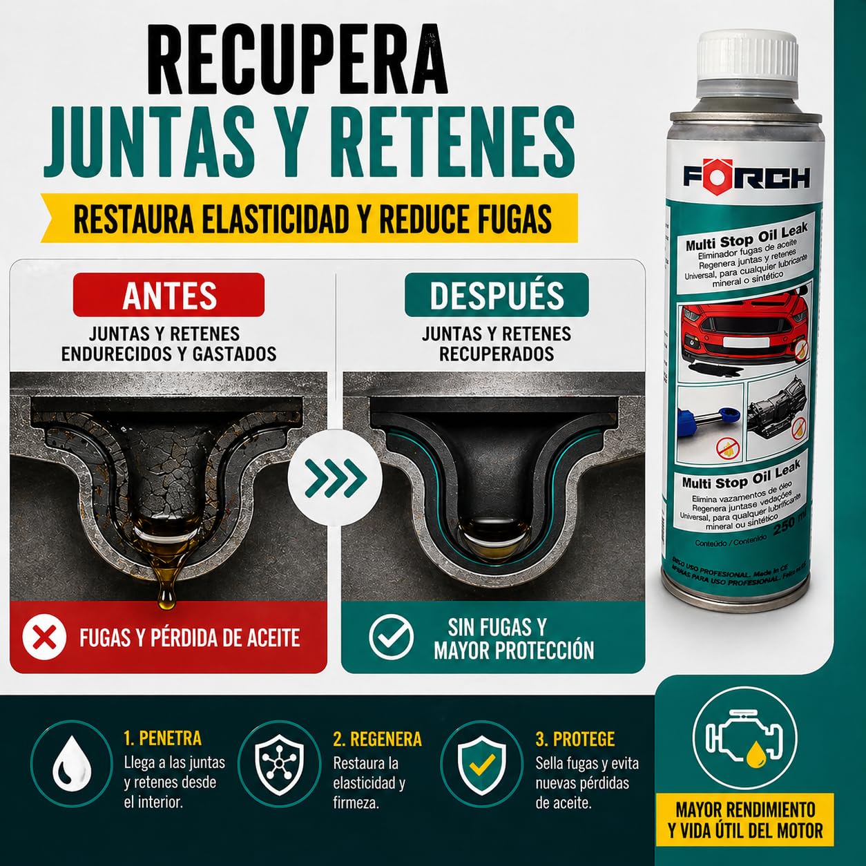 FORCH Tapa Fugas Aceite Coche, antifugas Motor y transmisión, Stop Leak Que repara Fugas sin Desmontar, válido para Motor, Caja de Cambios y dirección, 250 ml (3)