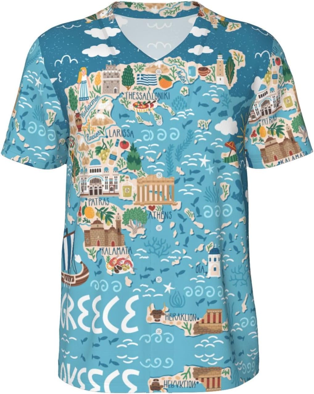 Greece Map Stylish Softball Jersey,Personalized and Breathable Baseball Button Down for Men for All Seasons and Occasions