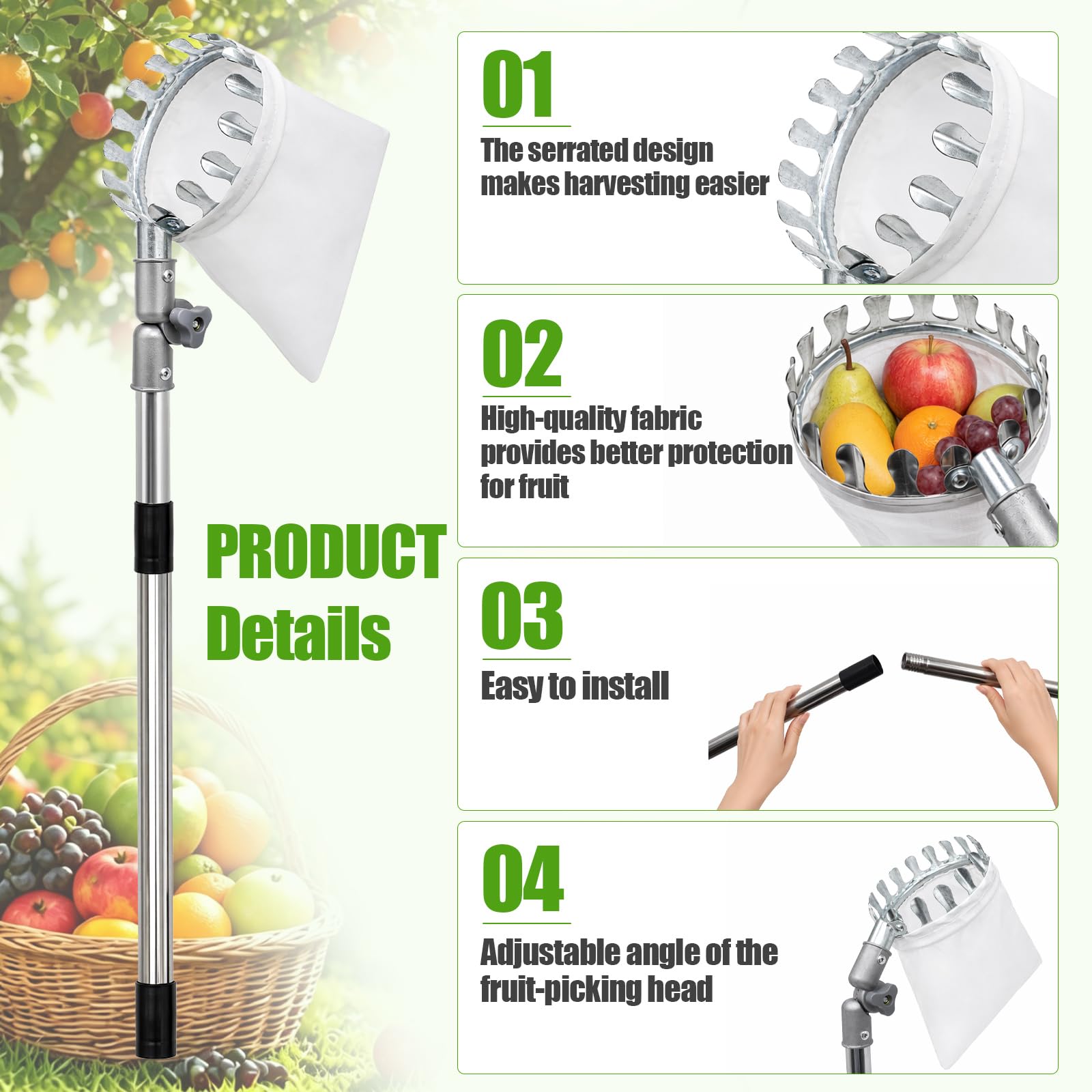 Raccogli frutta con asta di prolunga in acciaio inox, lunghezza regolabile fino a 3,8 m, diametro 16 cm, per prugne e ciliegie