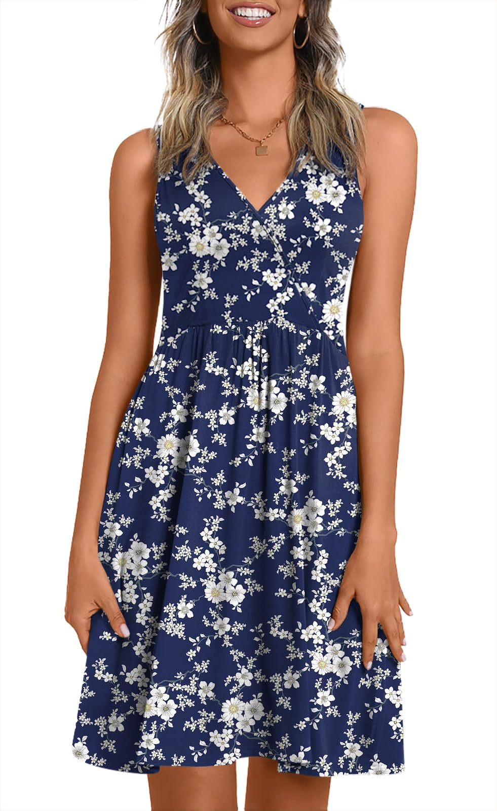 CATHY Women V Neck Sleeveless Dresses with Pockets Summer Sundress S-2XL