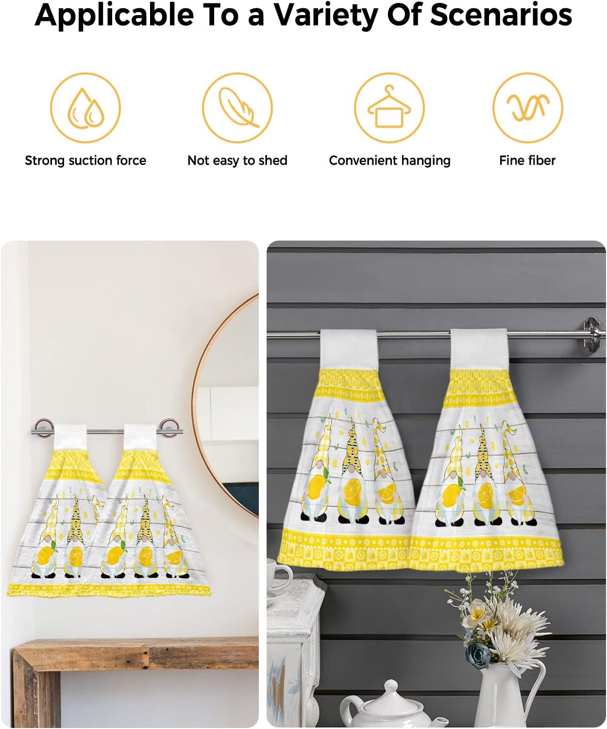 Kitchen Towels with Hanging Loop 2 Pack, Summer Gnome with Lemon Soft Absorbent Hand Towels for Bathroom Bar Home Decor Yellow Rustic Wood Dish Towels Reusable Washable Cleaning Cloth