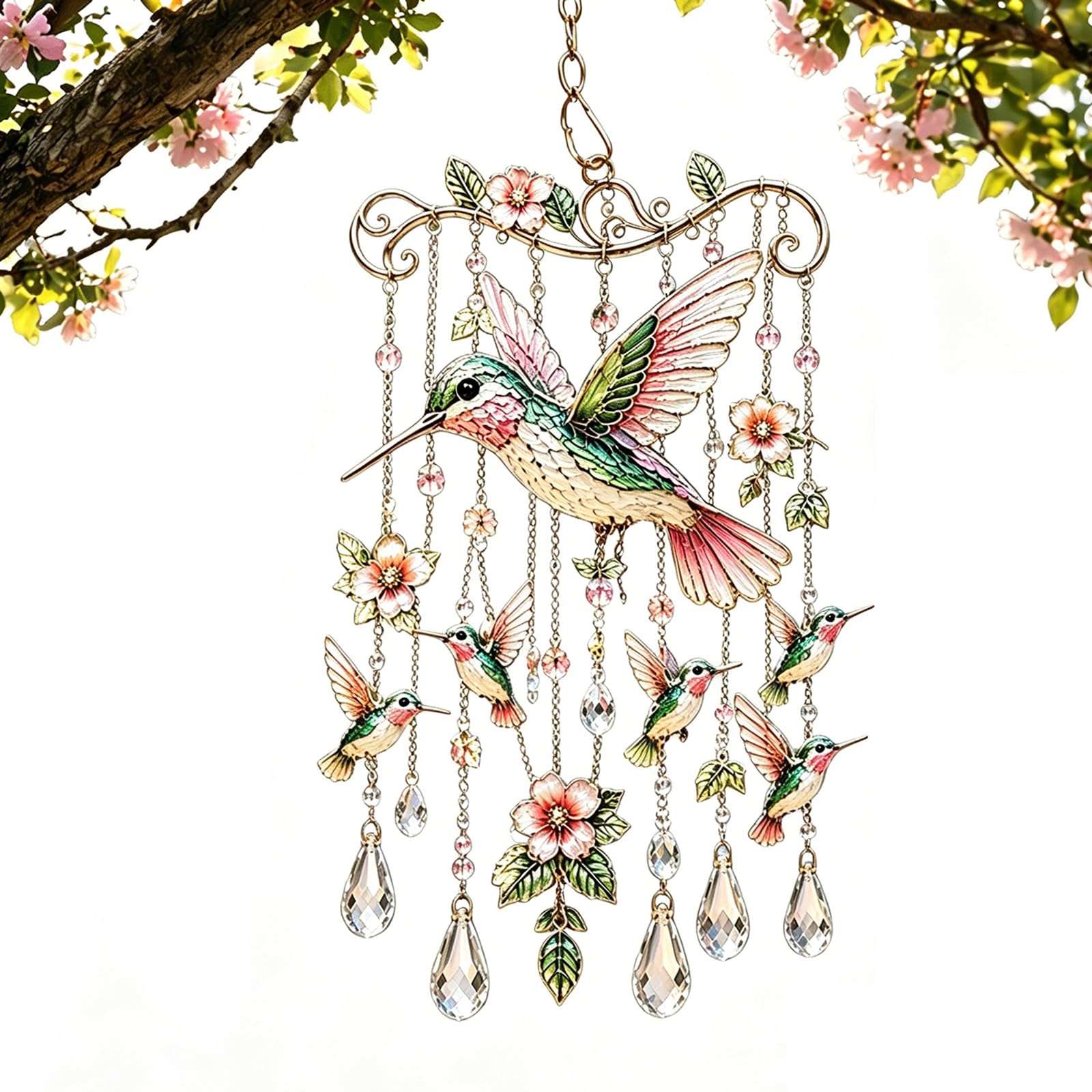 Graceful Hummingbird Wind Chime, Graceful Stained Glass Bird Wind Chimes, Colorful Birds Hanging Ornaments, Crystal Sun Catcher Windchime, Outdoor Porch Yard Decorations-F