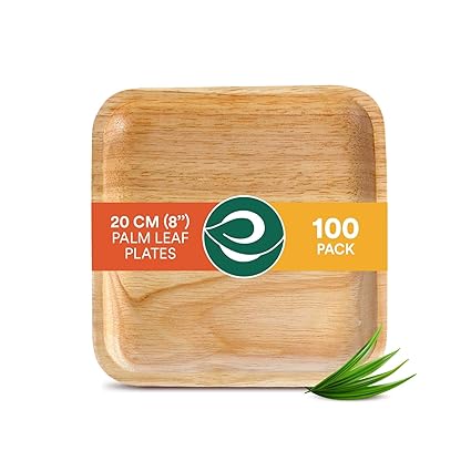 ECO SOUL [8 inch, 100-Pack Areca Palm Leaf Square Plates | Disposable Eco-Friendly Biodegradable Like Bamboo Wood Plates | Party, Wedding, Event Plates (20 cm)