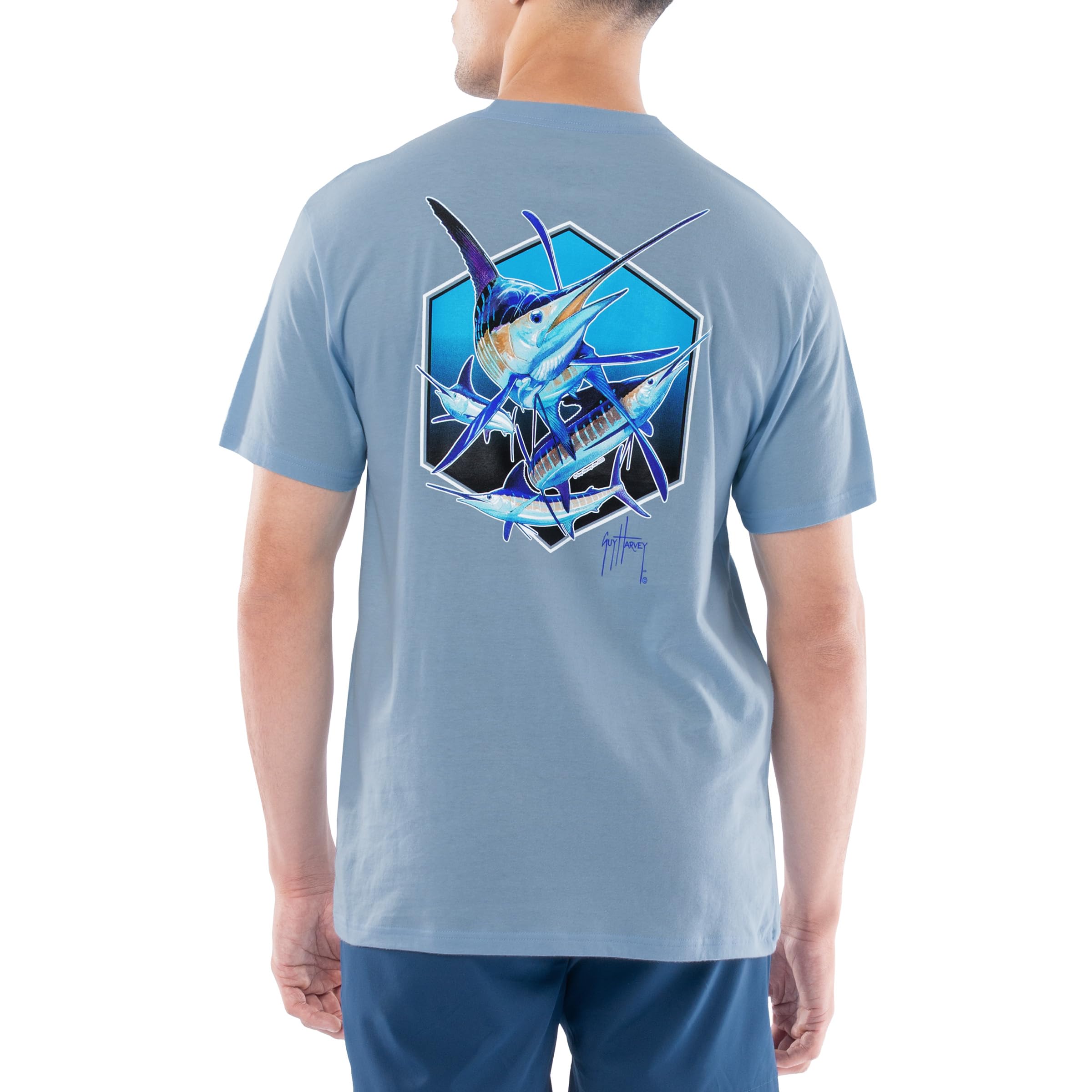 Guy Harvey Men’s Short Sleeve Lightweight Cotton Fishing Graphic Pocket T-Shirt, Clear Sky/Hex Slam, Medium