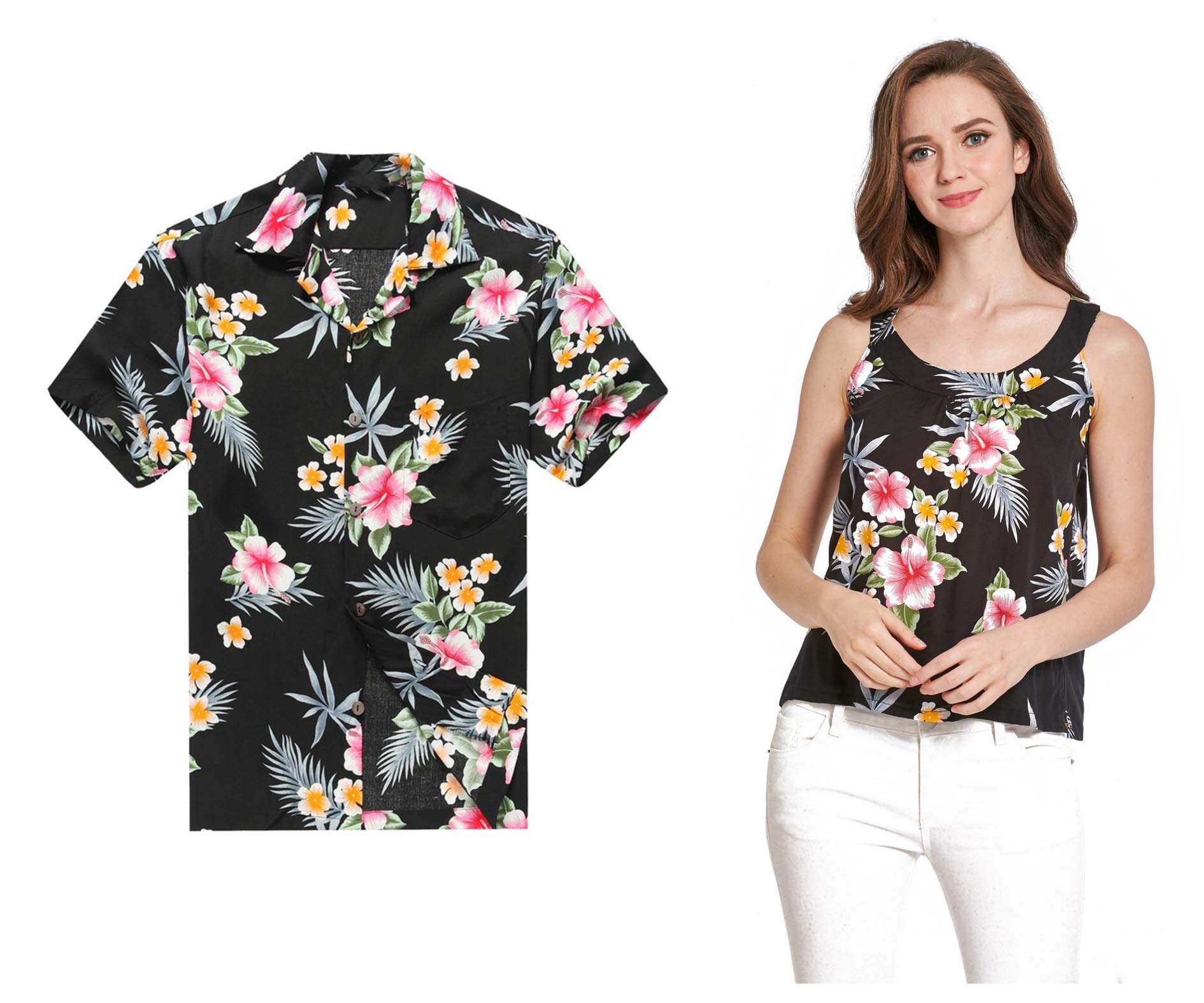 Matchable Couple Hawaiian Luau Shirt In Hibiscus Black, Men, S At...