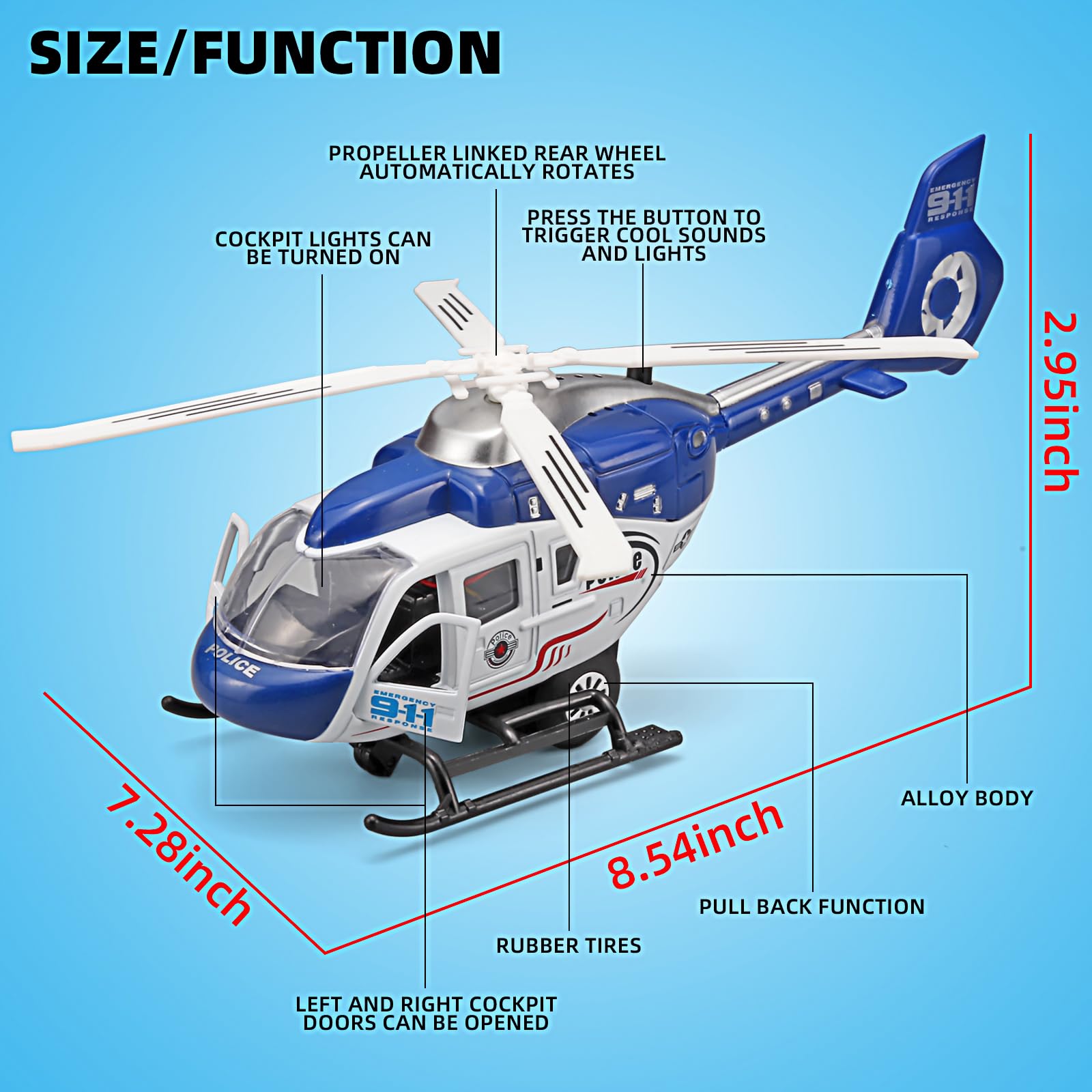 Kit de helicóptero para niños, modelo militar fundido a presión, juguete de tracción con luces y sonido, hélice giratoria, edad de 4 a 7 años (azul) 2