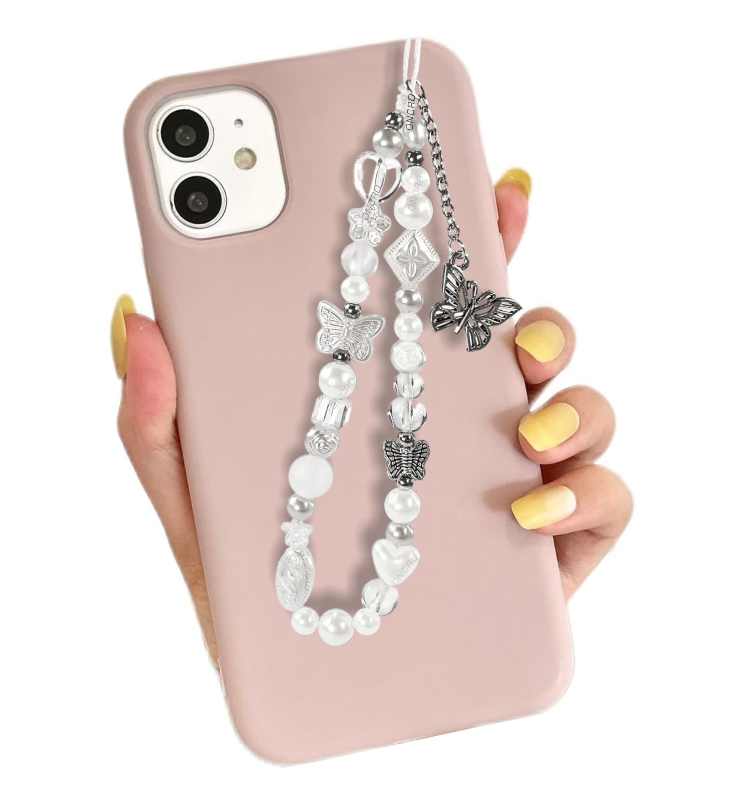 Cute White Butterfly Pearl Crystal Clear Acrylic Flowers Beads Bracelet Phone Charms hangings Handmade Aesthetic for Mobile Cover String Good Luck Lanyard for Women Girls Beaded Wrist Strap