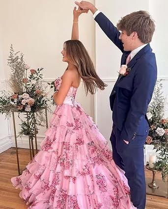 Women's Chiffon Prom Dress - Tiered Ruffle Prom Dresses for Women Strapless Corset Long Cocktail Party Gowns with Slit