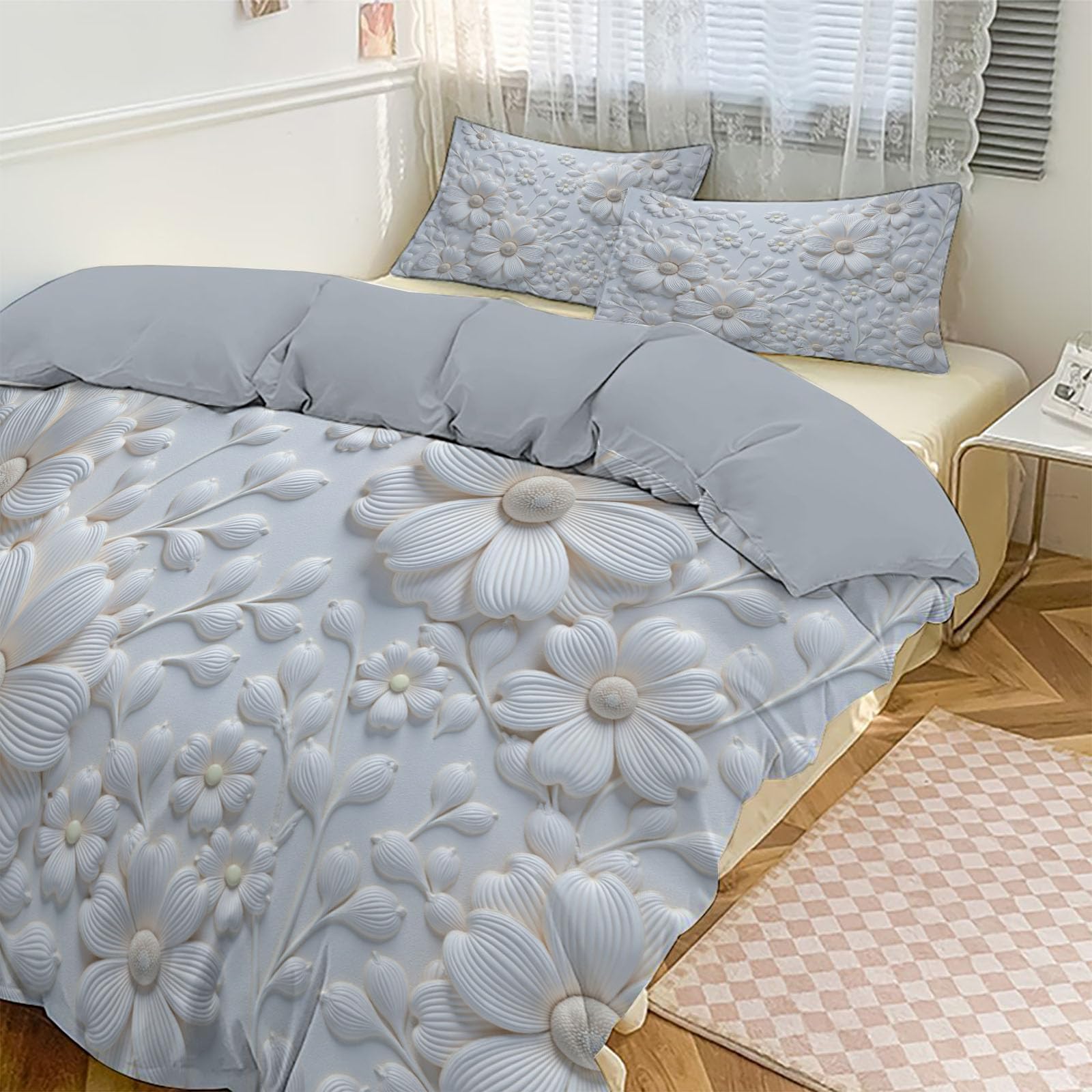 Copripiumino Matrimoniale Fiori Che Sbocciano, Set di Biancheria da Letto Microfibra 3 Pezzi, Parure Copri Piumino 260x240CM e 2 Federa 50x75, Beige Copritrapunta con Cerniera