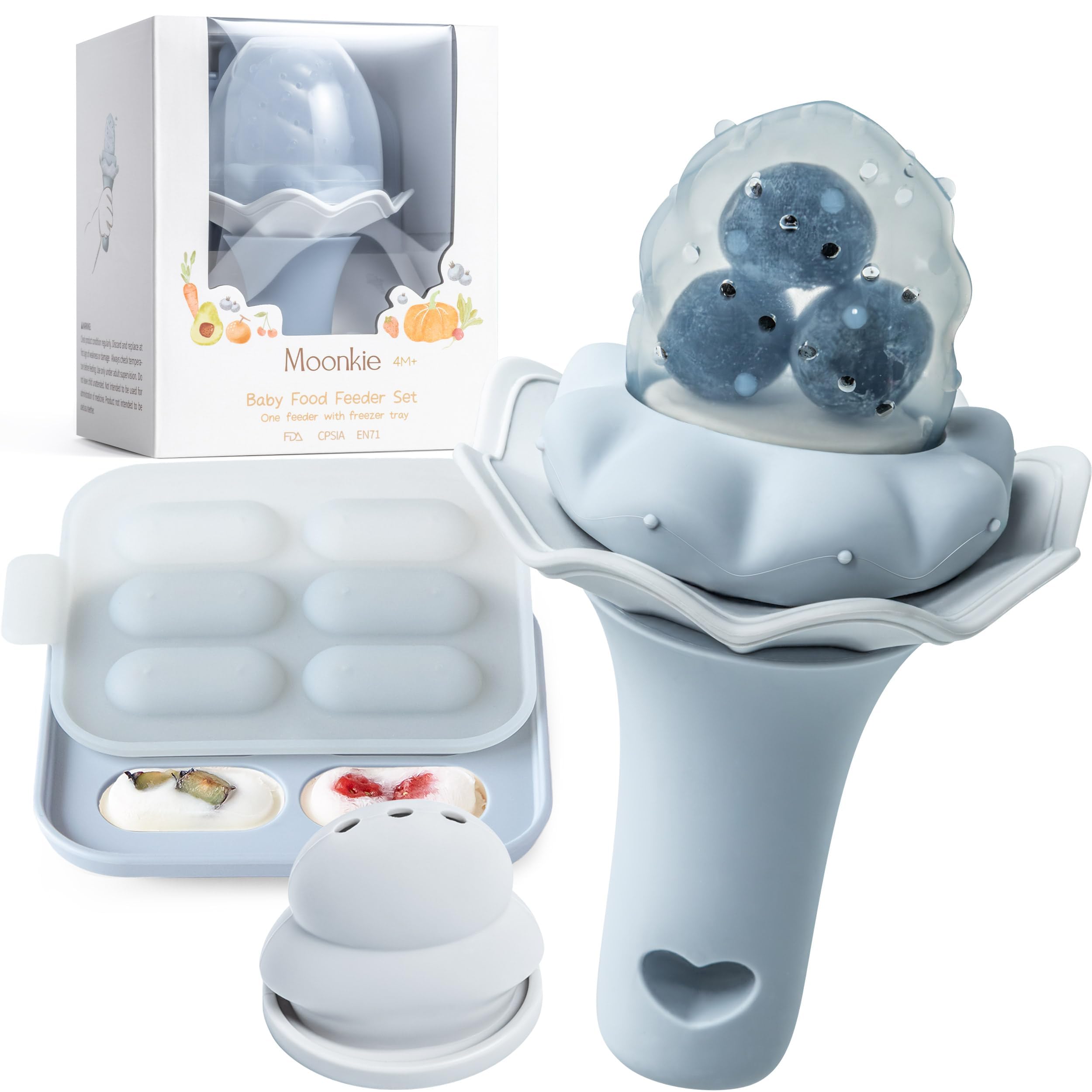Moonkie Baby Fruit Feeder with Freezer Tray | BPA Free Silicone Baby Food Feeder with Two Sizes Pouches | Baby Shower Gifts | 4 Months+ Led Weaning, 1 Pack(Sky Blue)