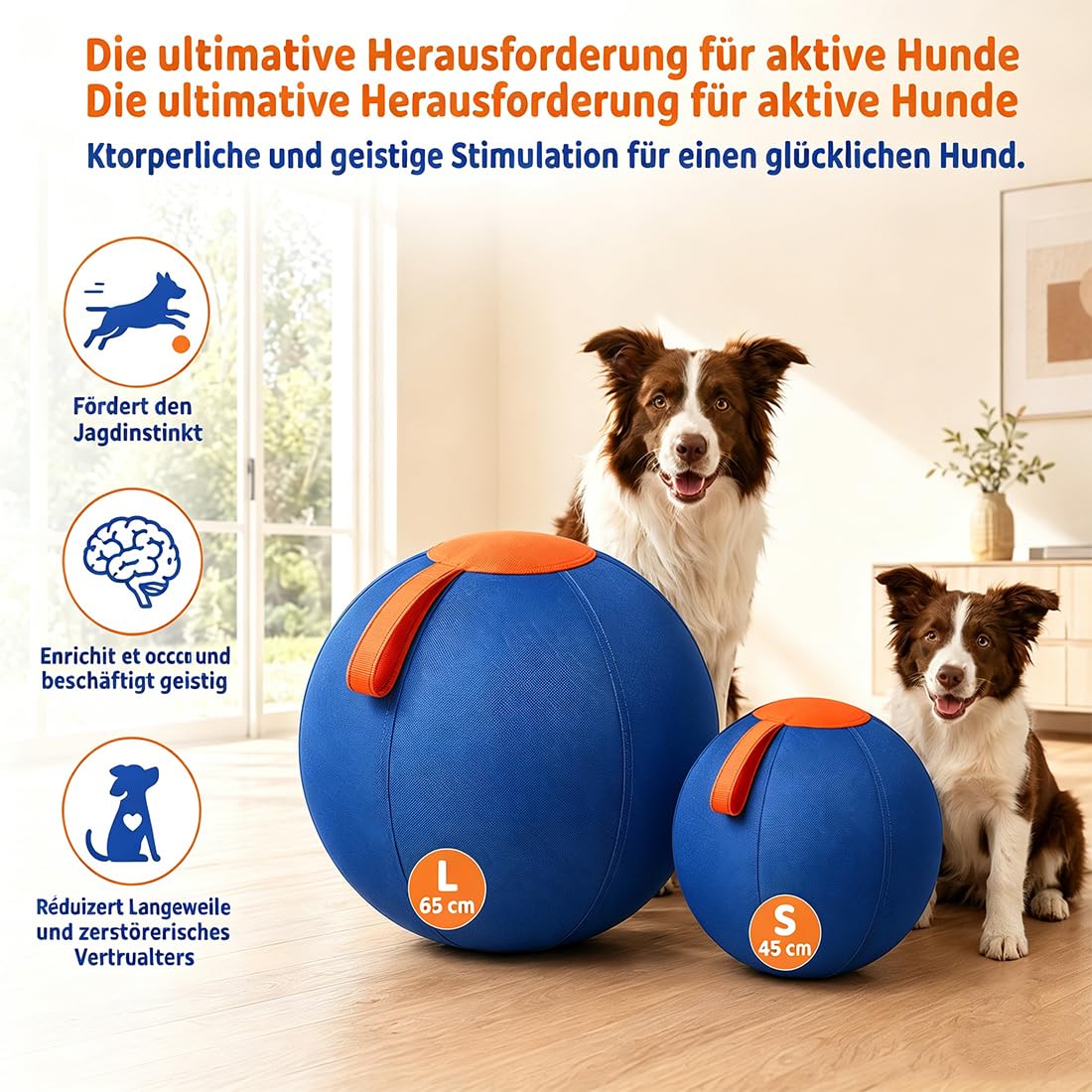 Treibball für Hunde – 45/65 cm Aufblasbarer Bissfester Herding Ball mit Tragegriff, Reißfestes Interaktives Hundespielzeug für Hütehunde & Große Rassen, Training und Auslauf (B, 65CM)