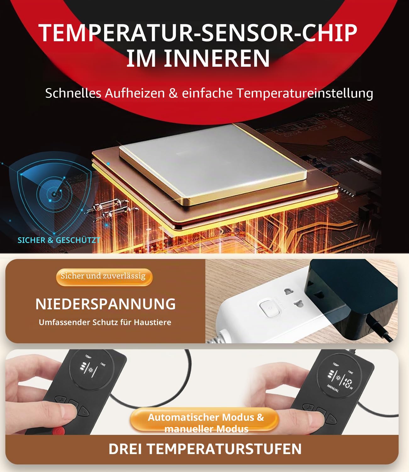 uncn Heizkissen für Hunde und Katzen, druckaktiviertes Haustier-Wärmekissen, automatisch, elektrisch, beheizt, für den Innenbereich, Wärmekissen mit kaufester Kordel, einstellbare Temperatur,