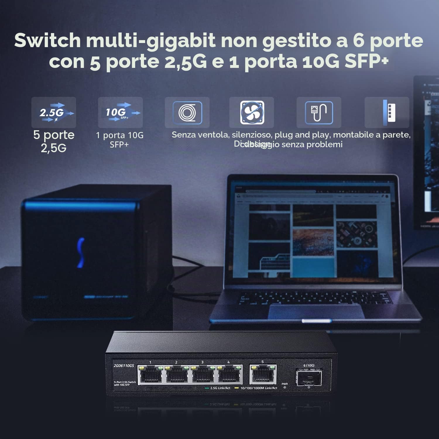 YuLinca Switch di rete 2,5G a 5 porte con SFP 10G, 5 porte 2,5GBASE-T, compatibile con dispositivi 10/100/1000Mbps, switch Ethernet Plug&Play non gestito senza ventola